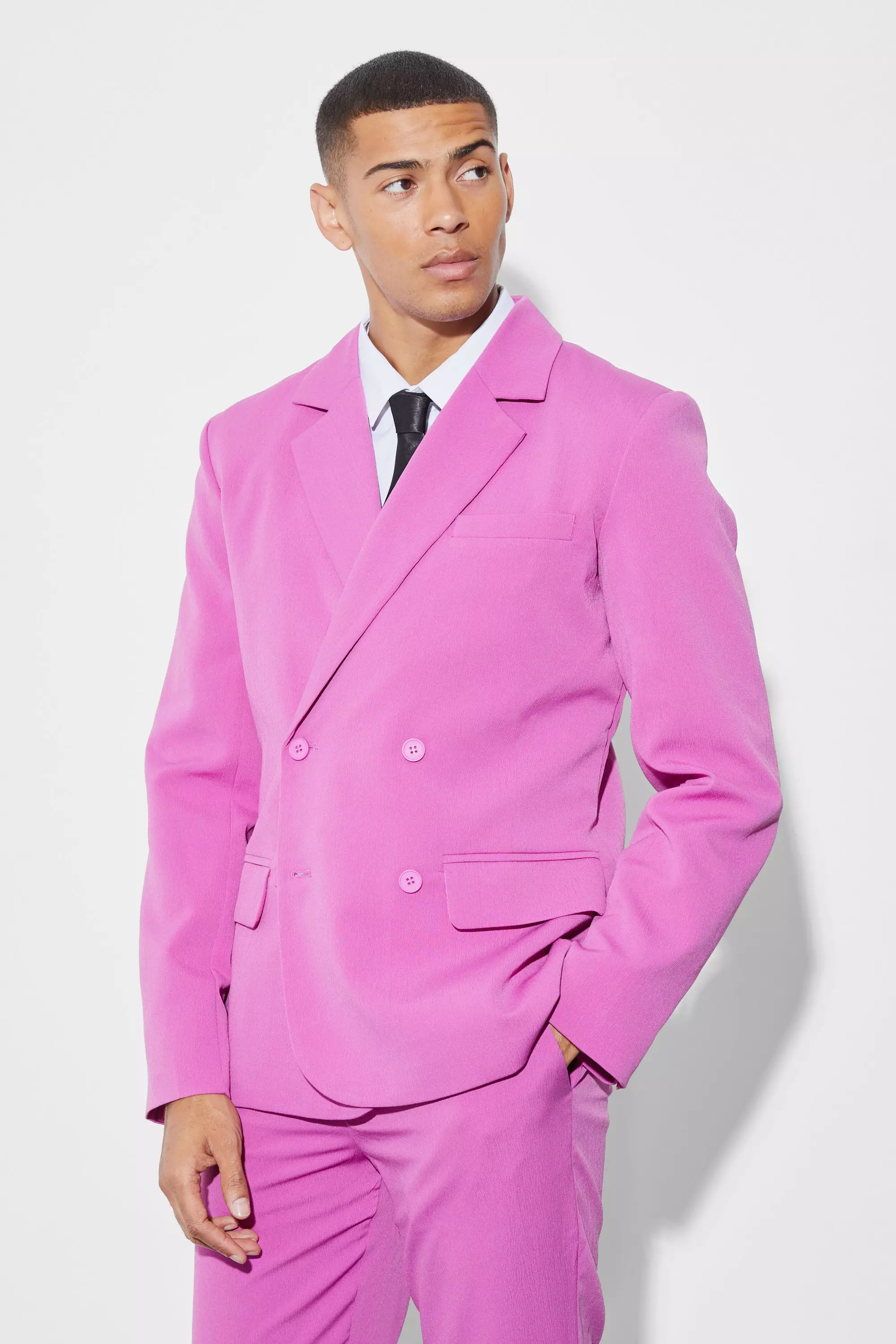 Pink Slim Double Breasted Crinkle Suit Jacket