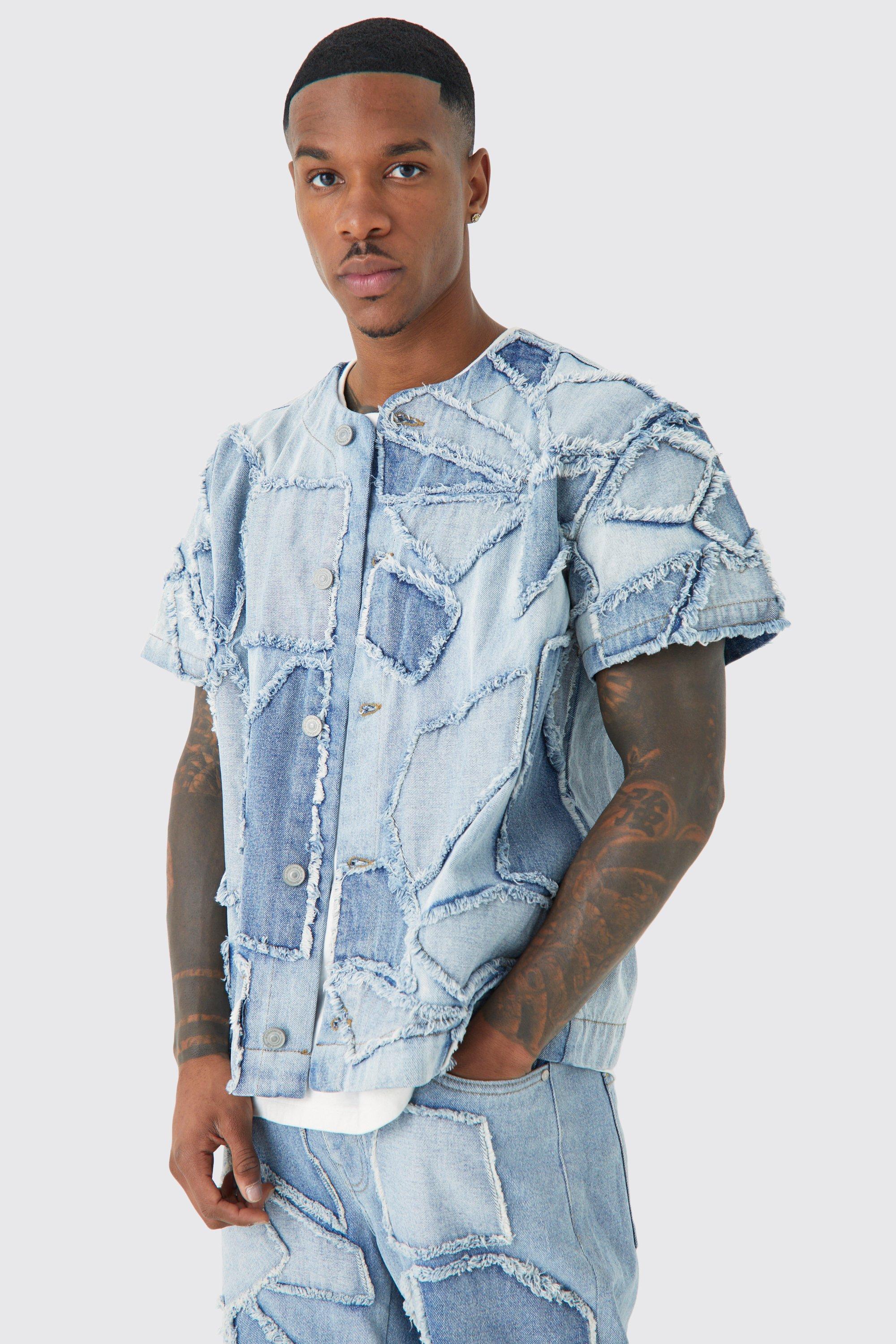 Light blue Distressed Patchwork Denim Baseball Shirt