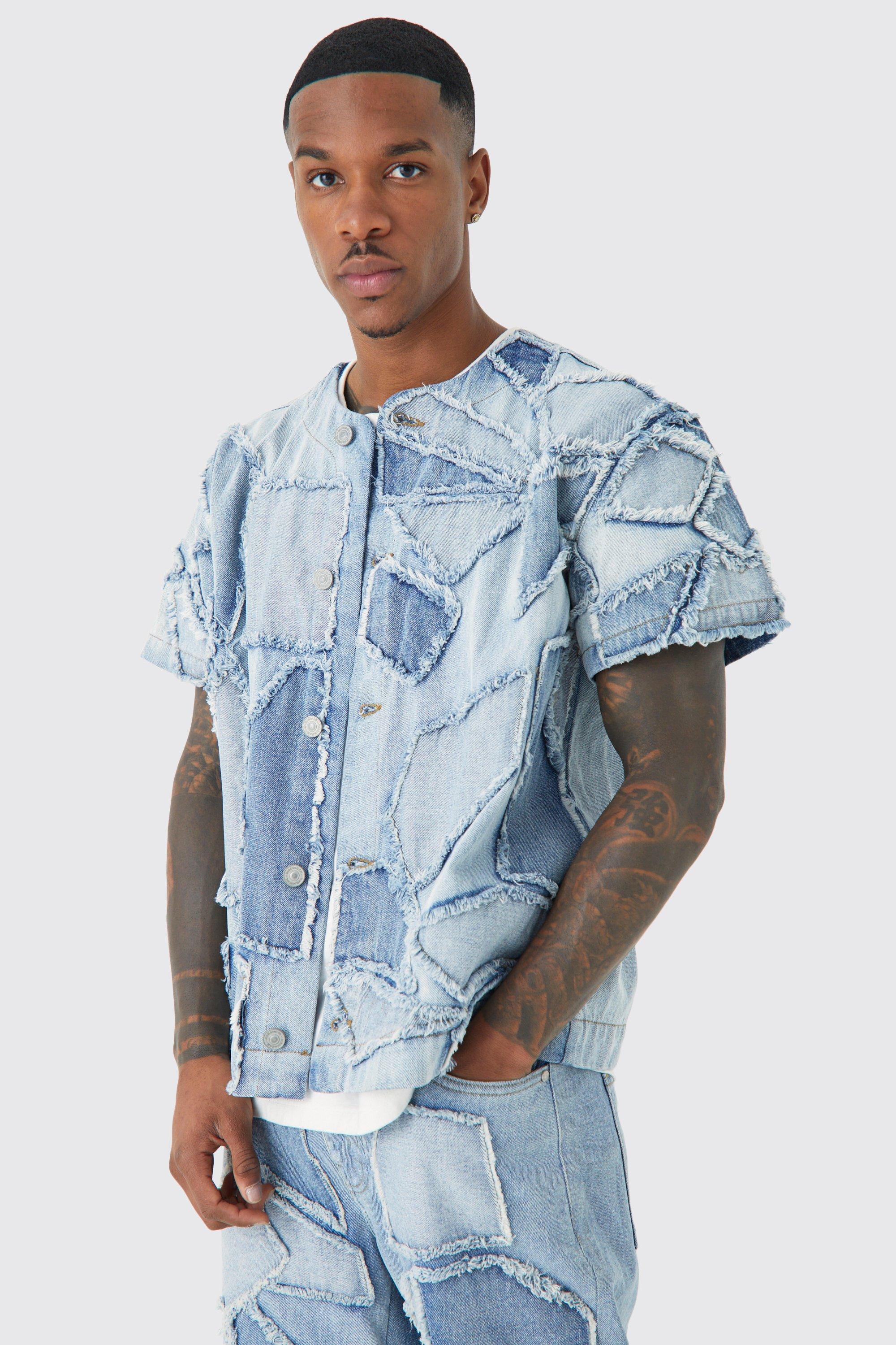 Zerrissenes Patchwork Baseball-Jeanshemd, Light blue