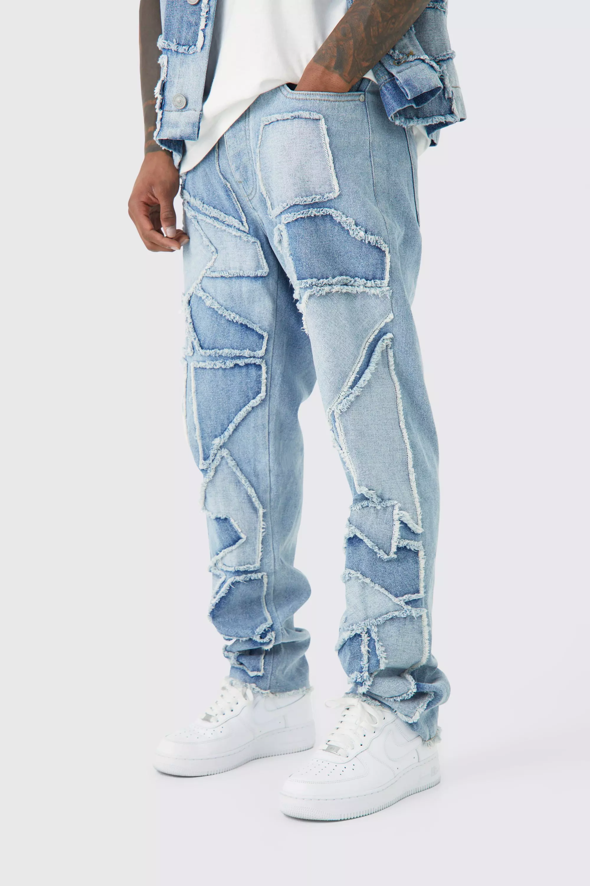 Blue Relaxed Rigid Distressed Patchwork Jeans