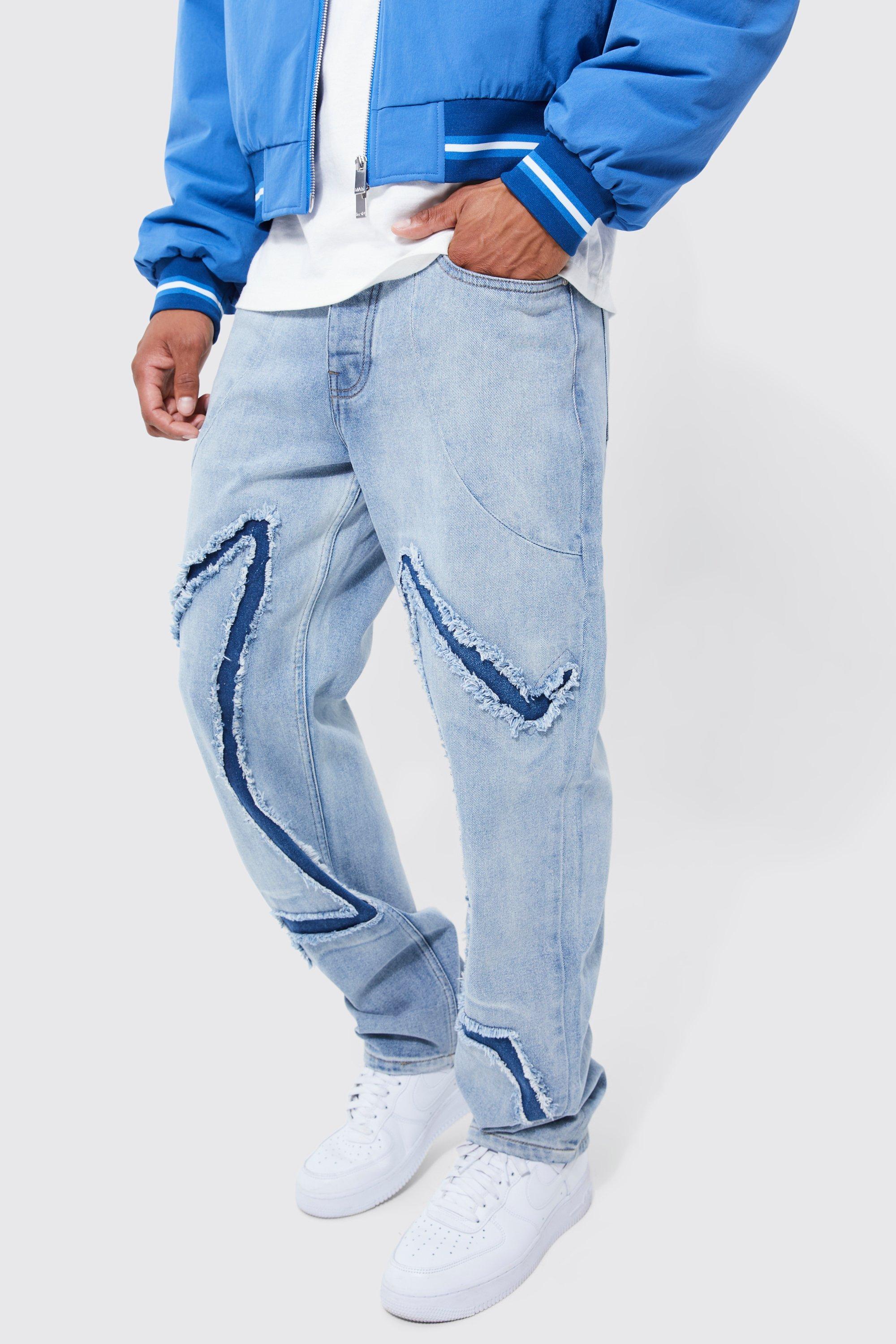 Men's Designer Jeans Stoned with Chain Ice Blue