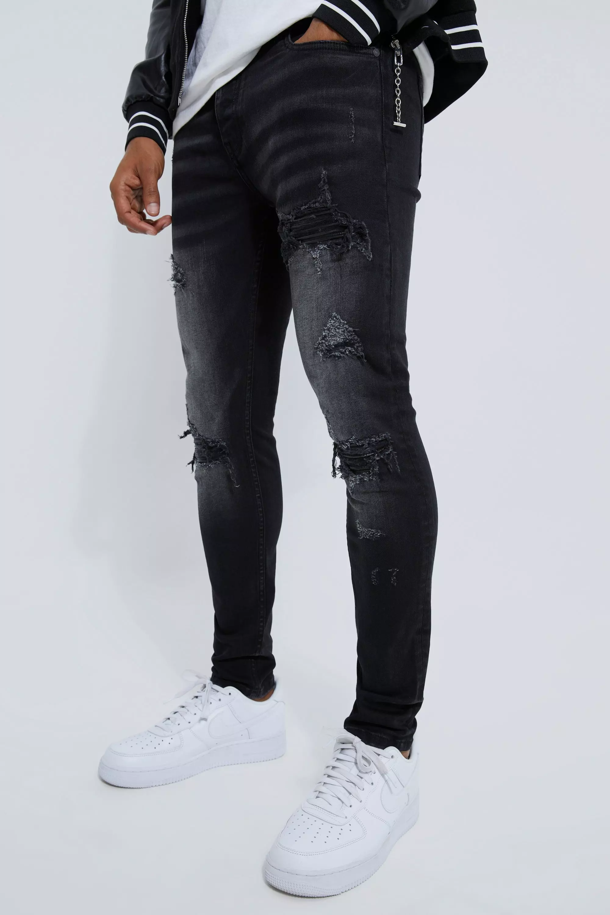 Washed black Stretch Rip & Repair Biker Skinny Jeans alternatieve afbeelding