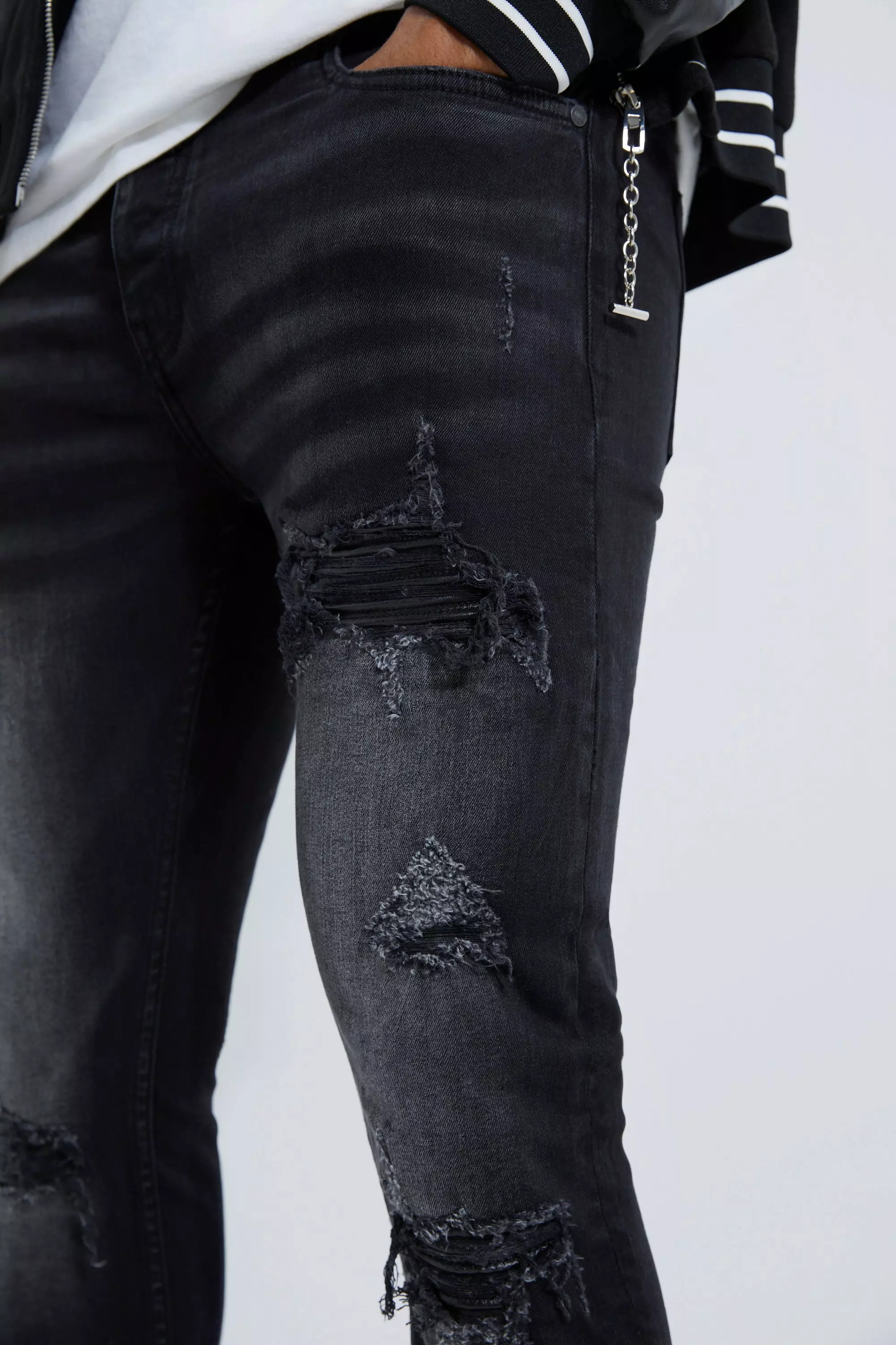 Washed black Stretch Rip & Repair Biker Skinny Jeans alternatieve afbeelding