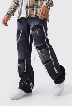Black Relaxed Rigid Flare Ripped Gusset Jeans