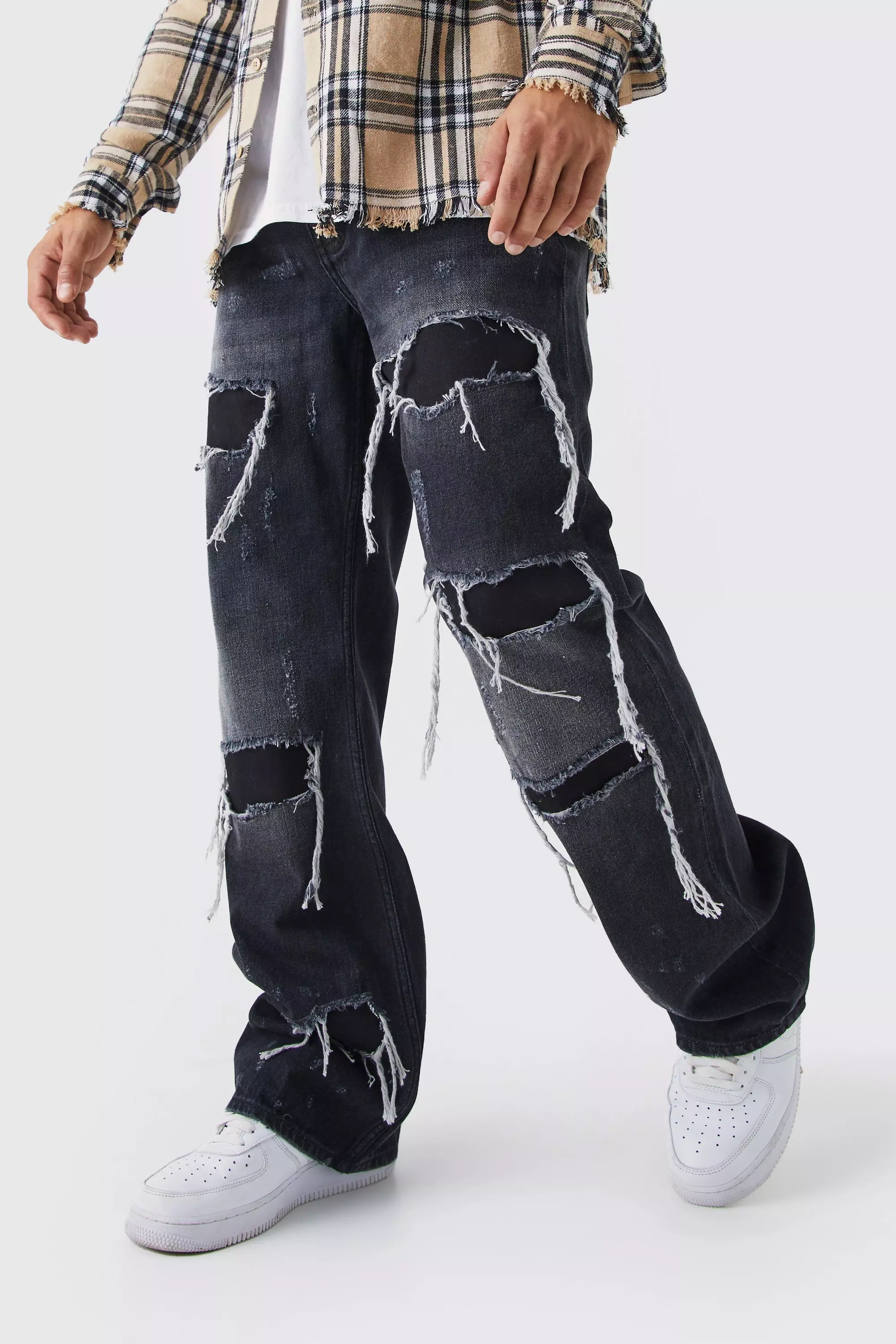 Relaxed Rigid Flare Ripped Gusset Jeans Washed black