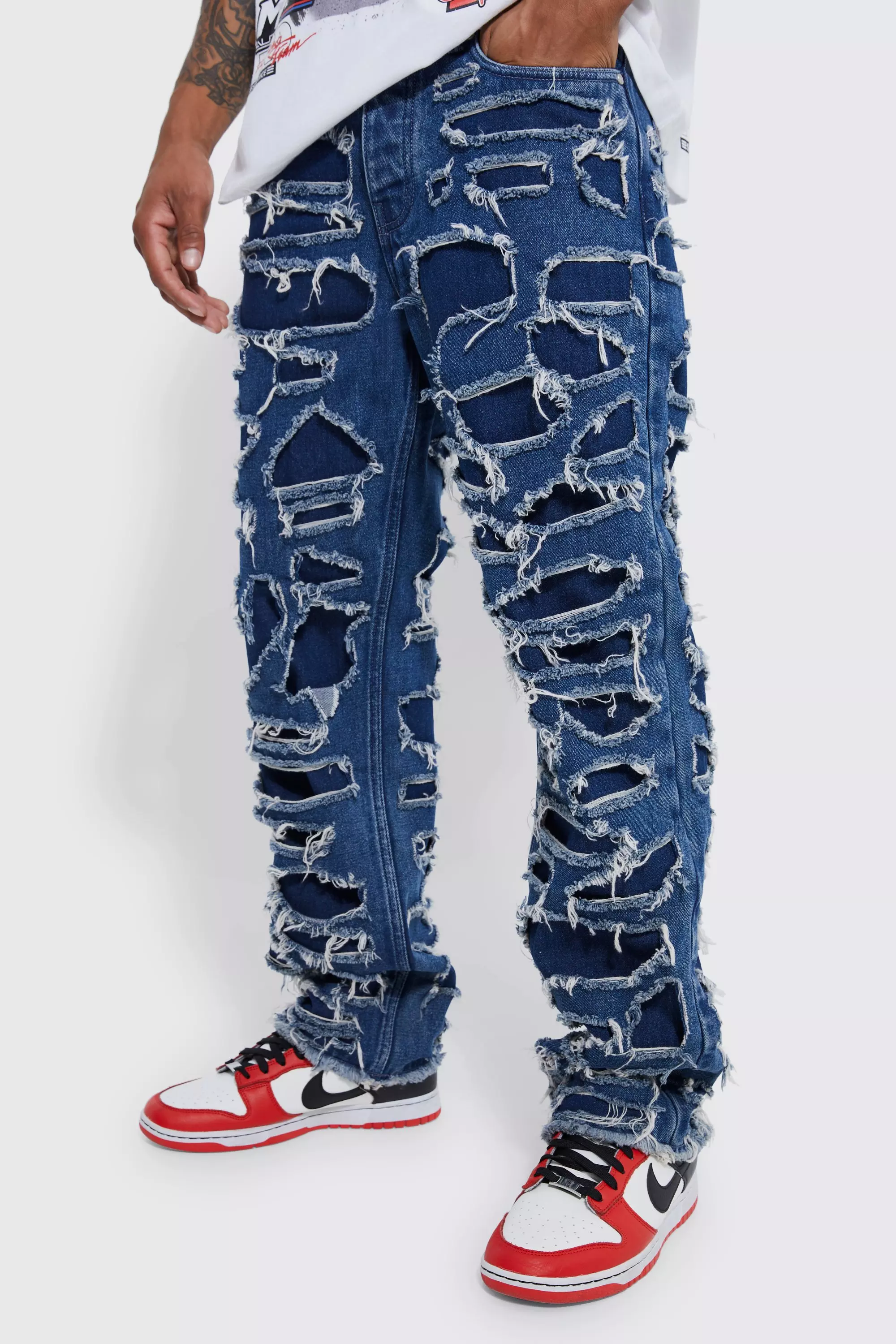 Relaxed Rigid Extreme Ripped Jeans Mid blue