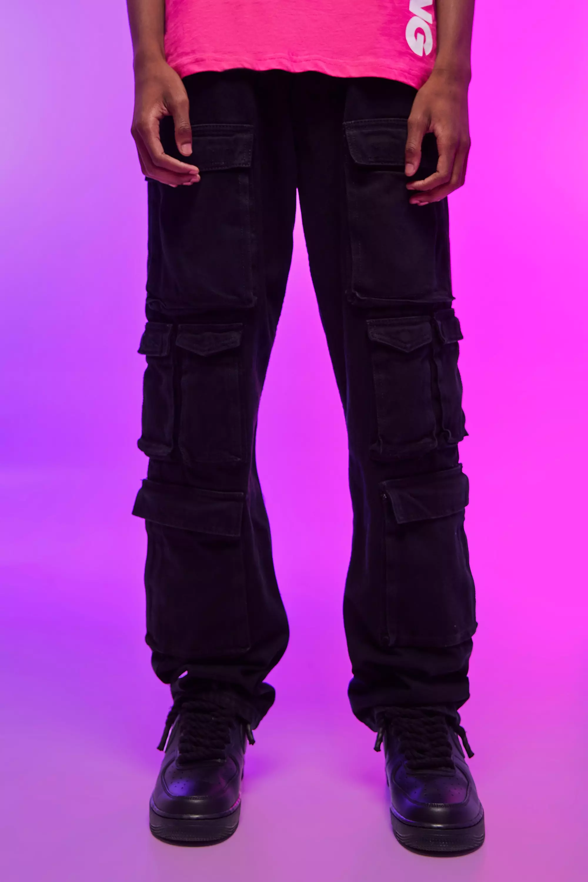 Relaxed Fit Washed Multi Pocket Cargo Jeans Washed black