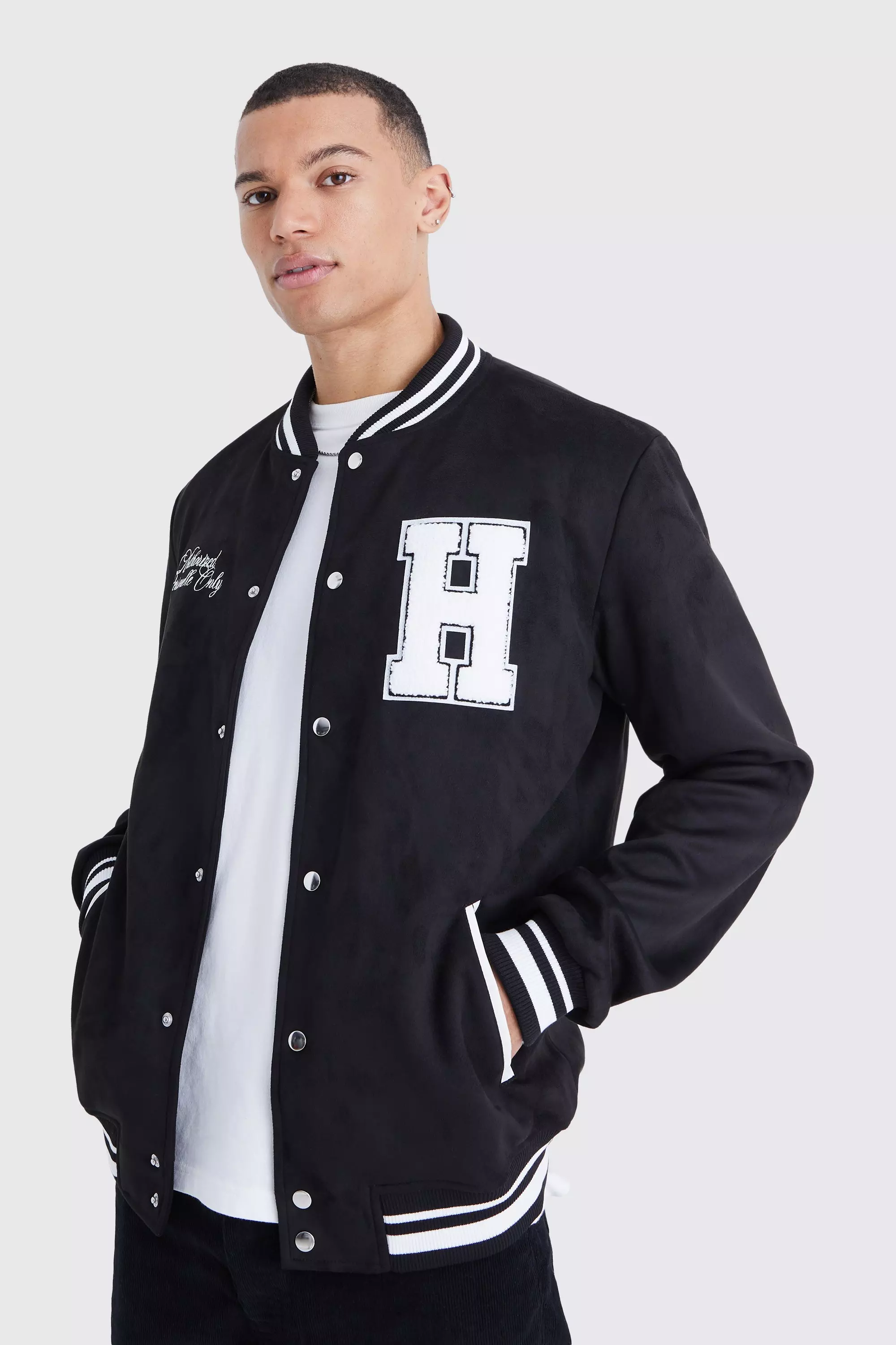 Tall Suede Varsity Jacket With Badge boohooMAN USA