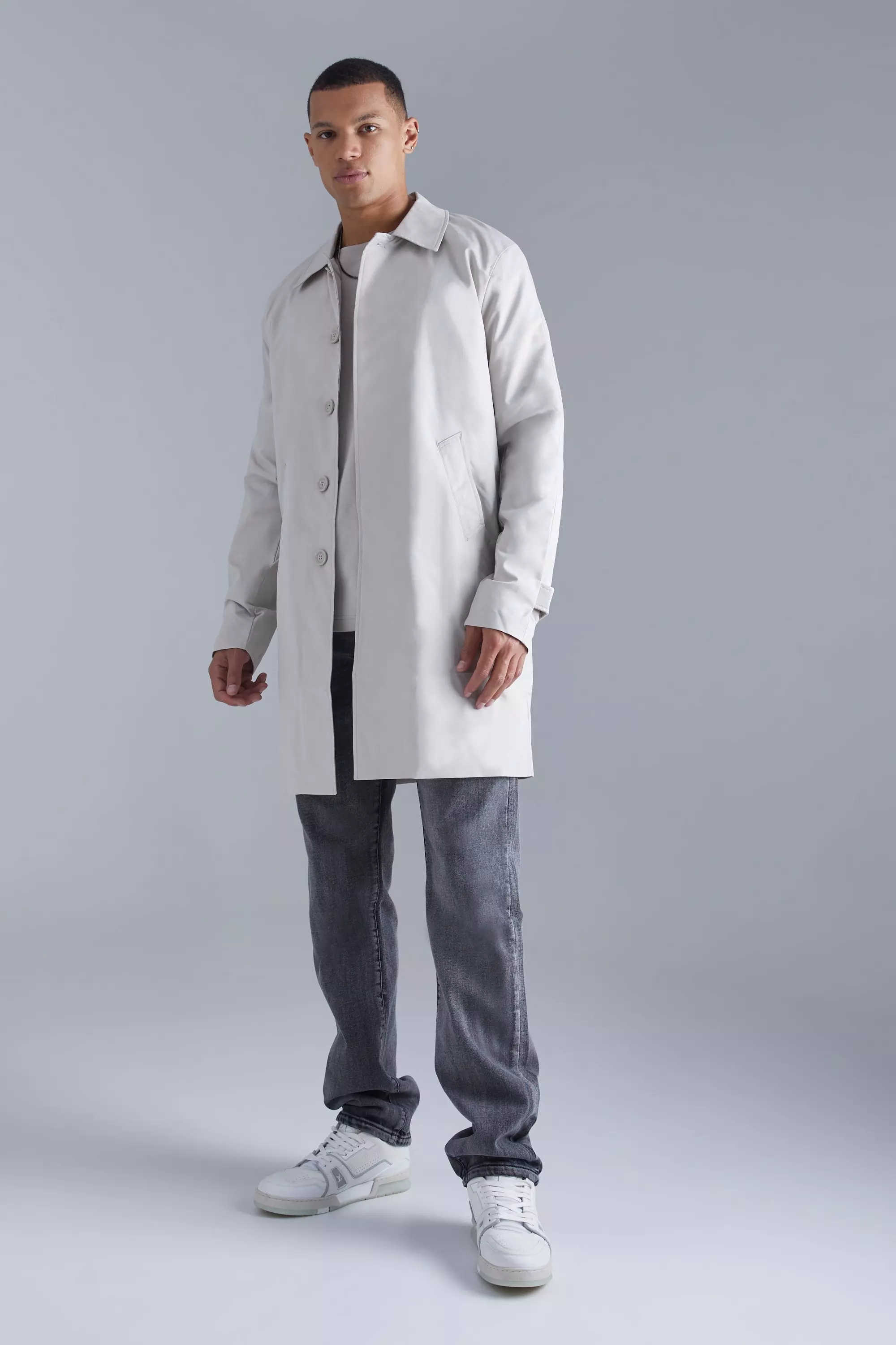 Tall Single Breasted Poly Twill Raincoat Stone