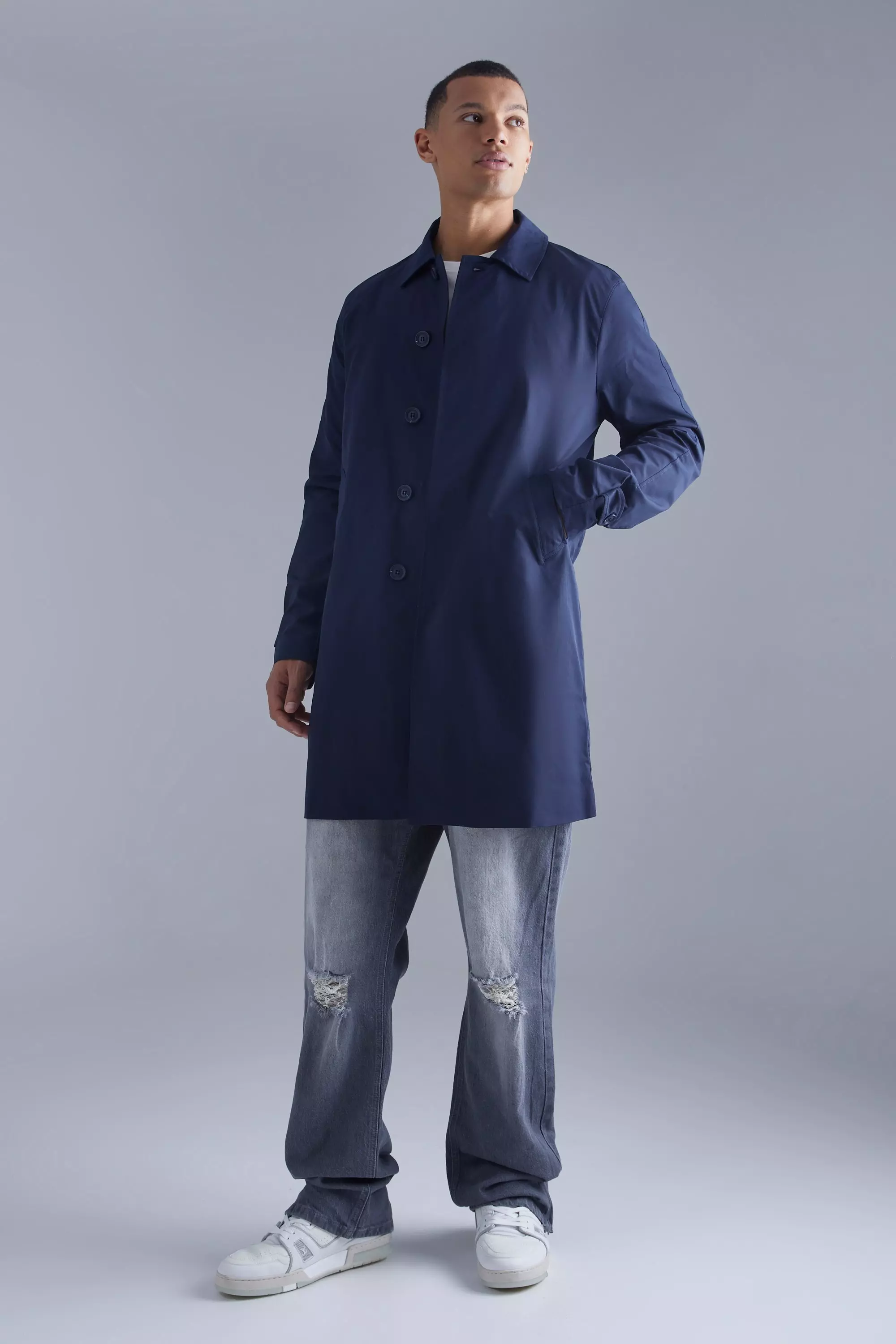 Tall Single Breasted Poly Twill Raincoat Navy