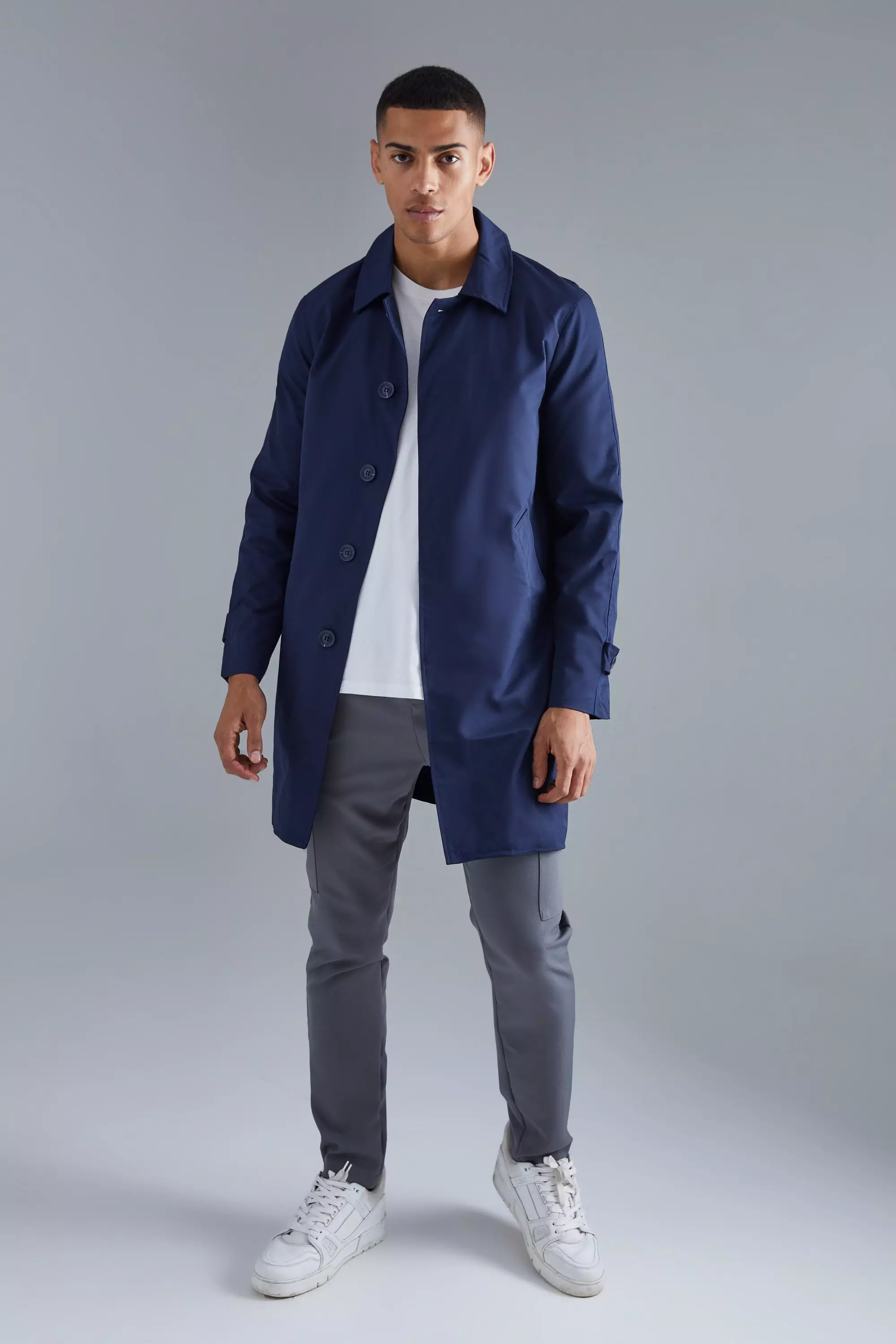 Navy Single Breasted Poly Twill Mac