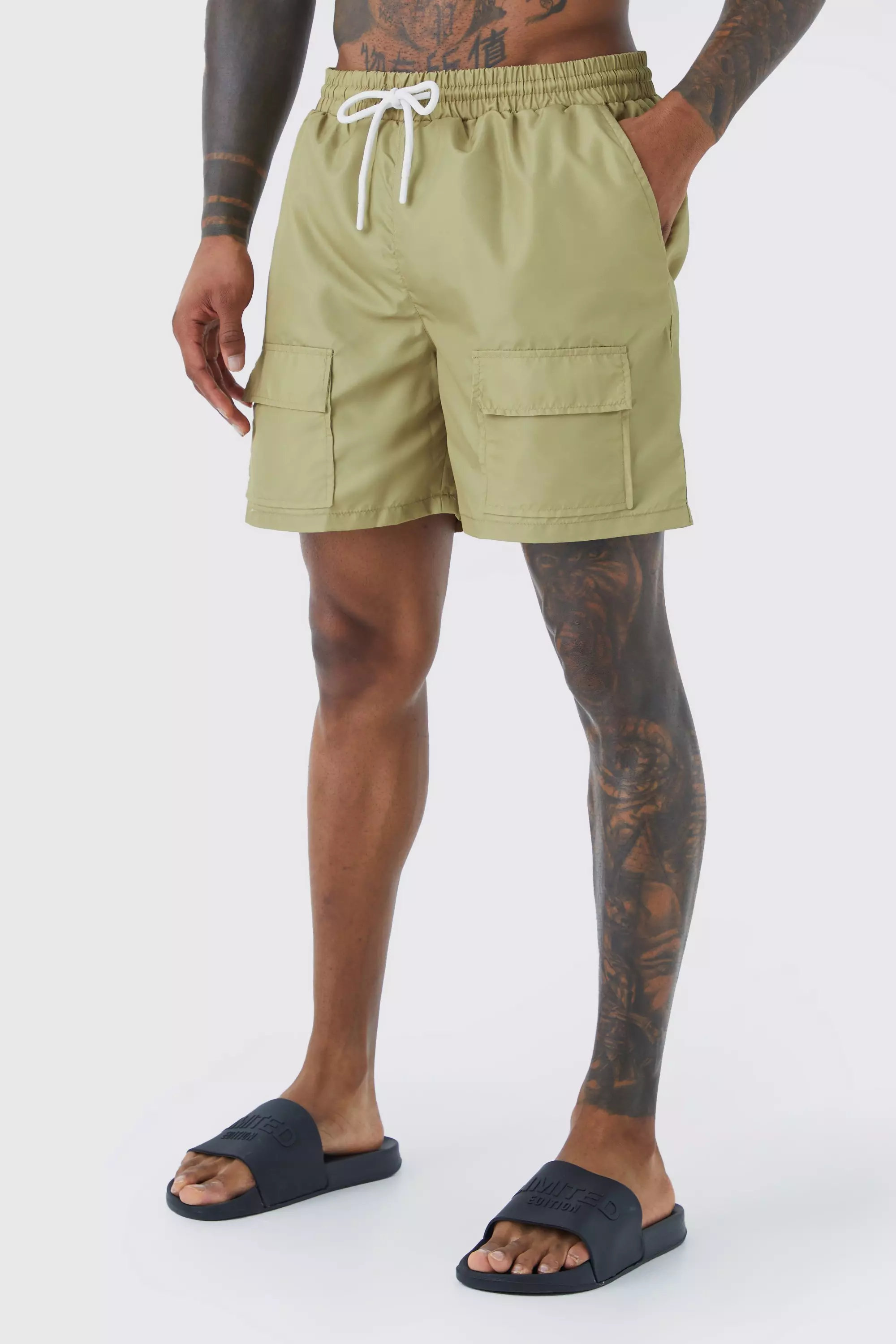 Mid Length Cargo Swim Shorts Khaki