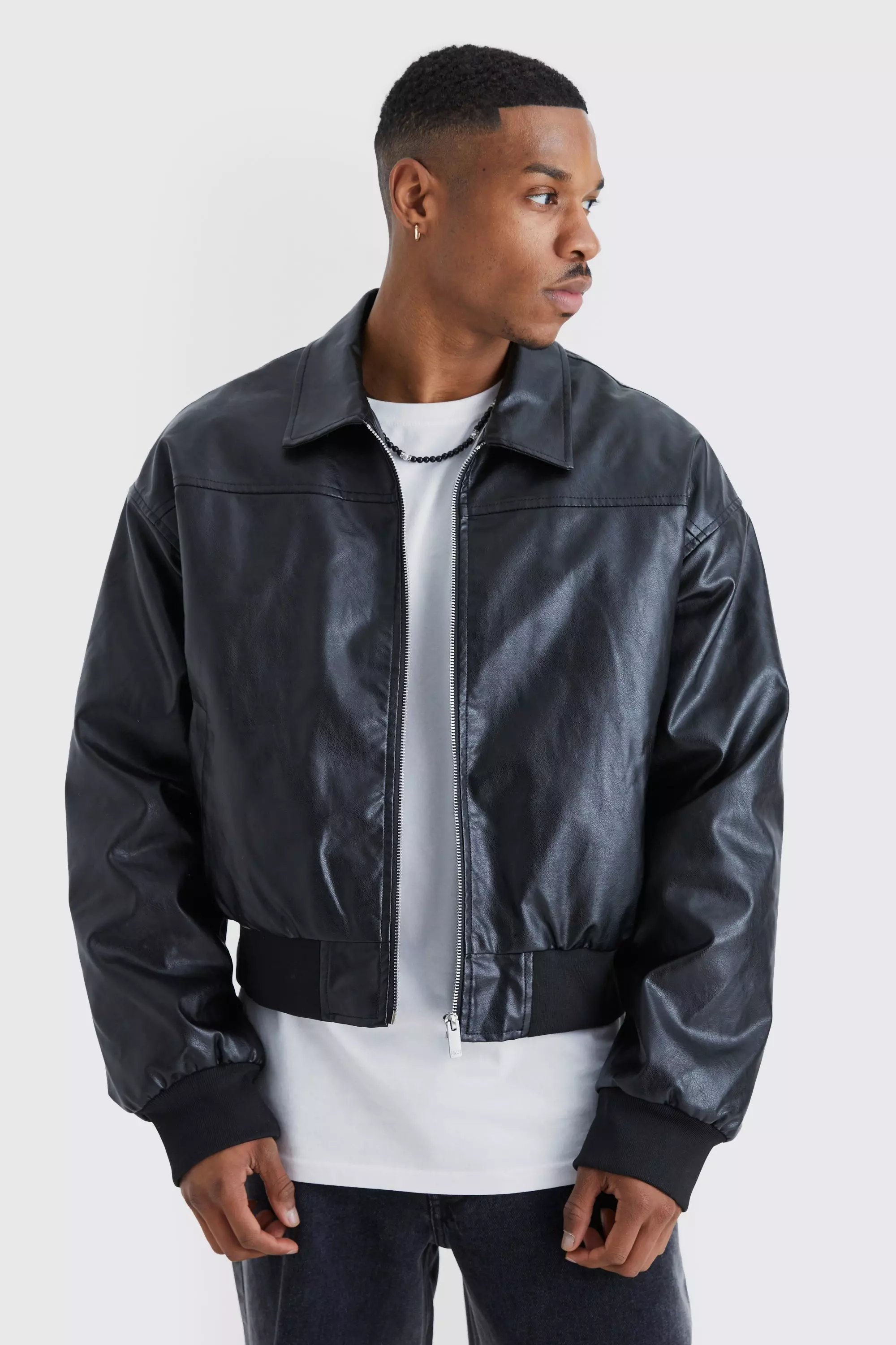 Black Boxy Pu Collared Bomber