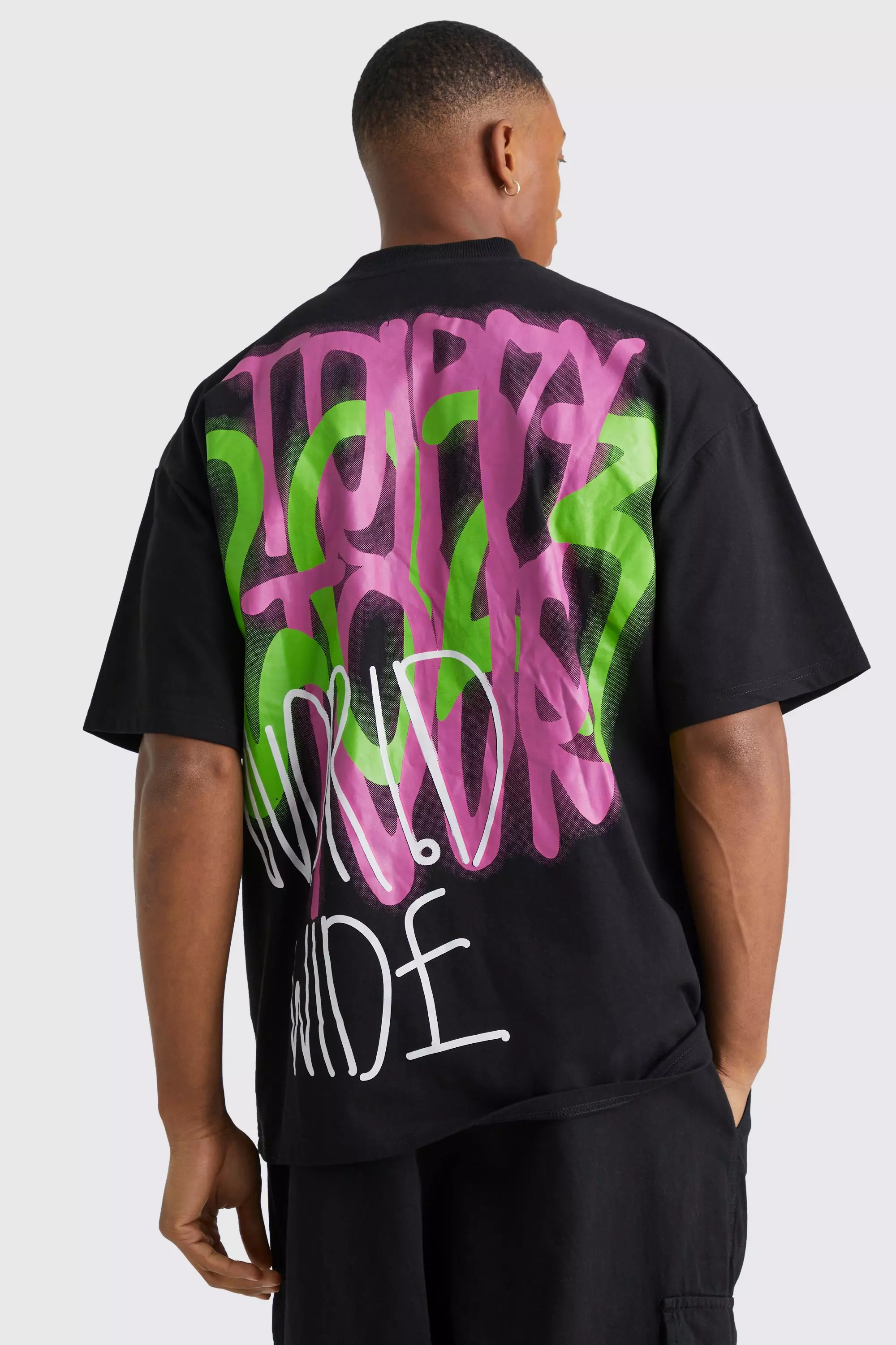 Black Oversized Dropped Hem Trippy Graphic T-shirt