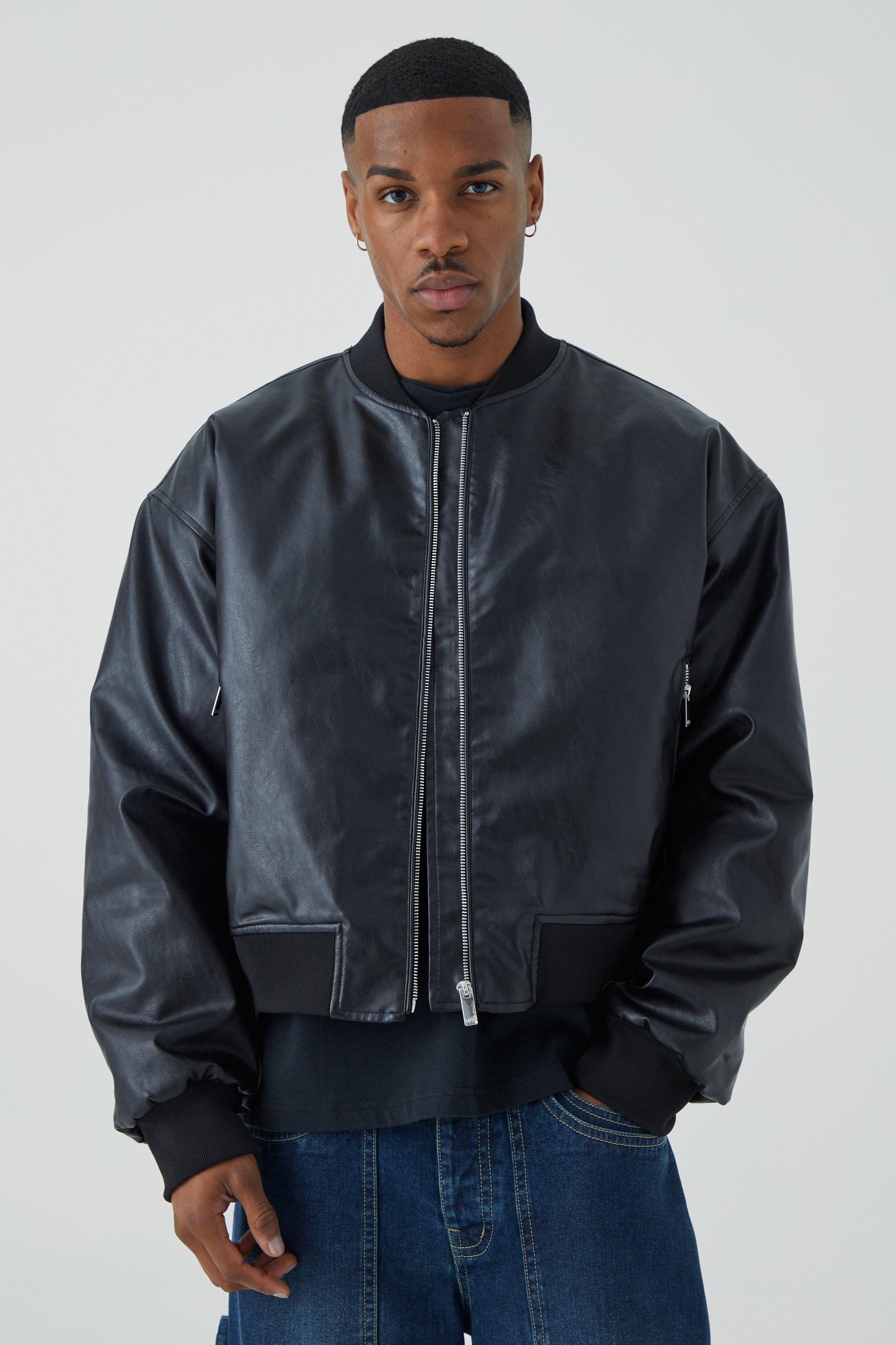 Black bomber 2024 jacket leather sleeves