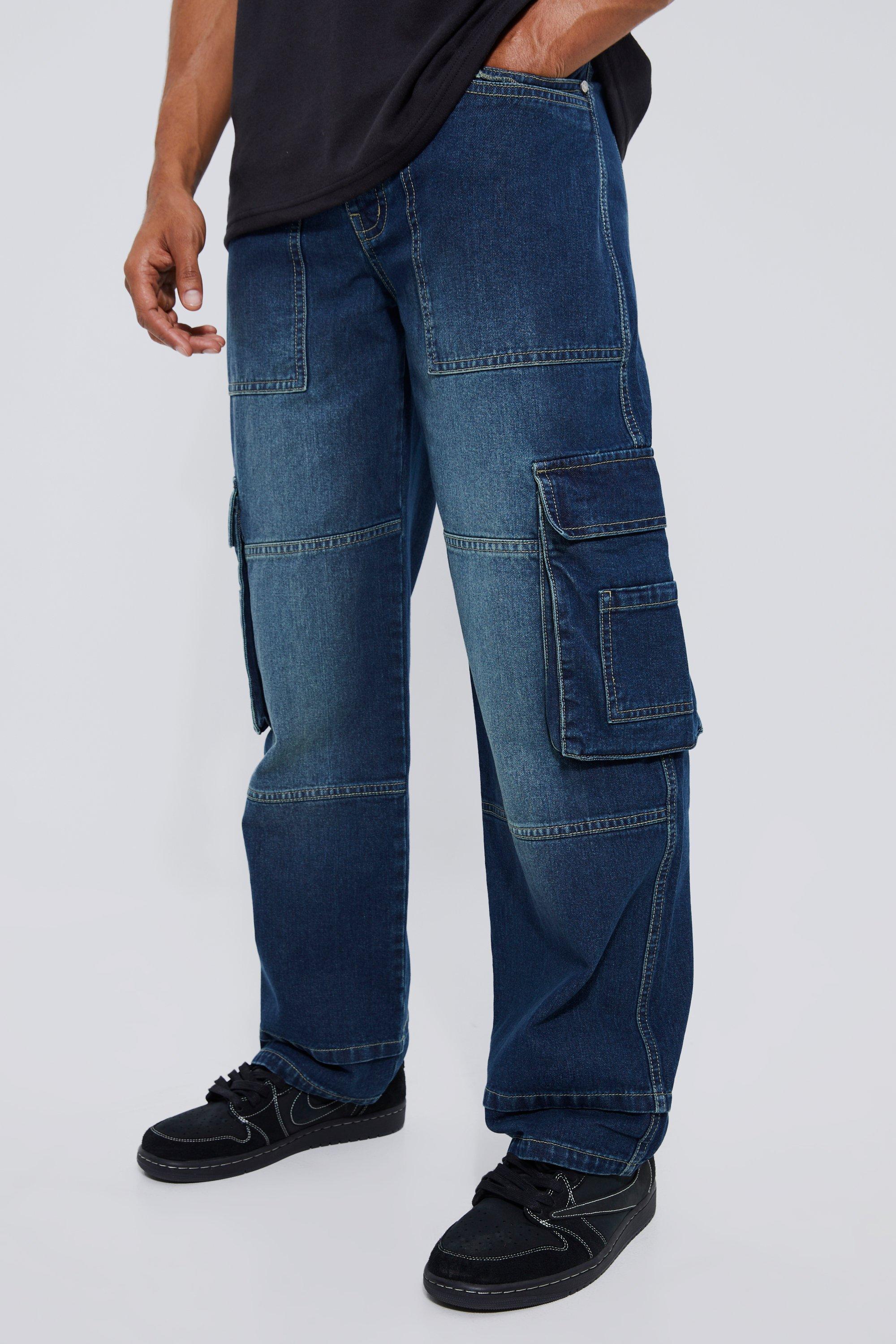 boohooMAN Mens Blue Relaxed Fit Carpenter Cargo Jeans, Blue Male 30