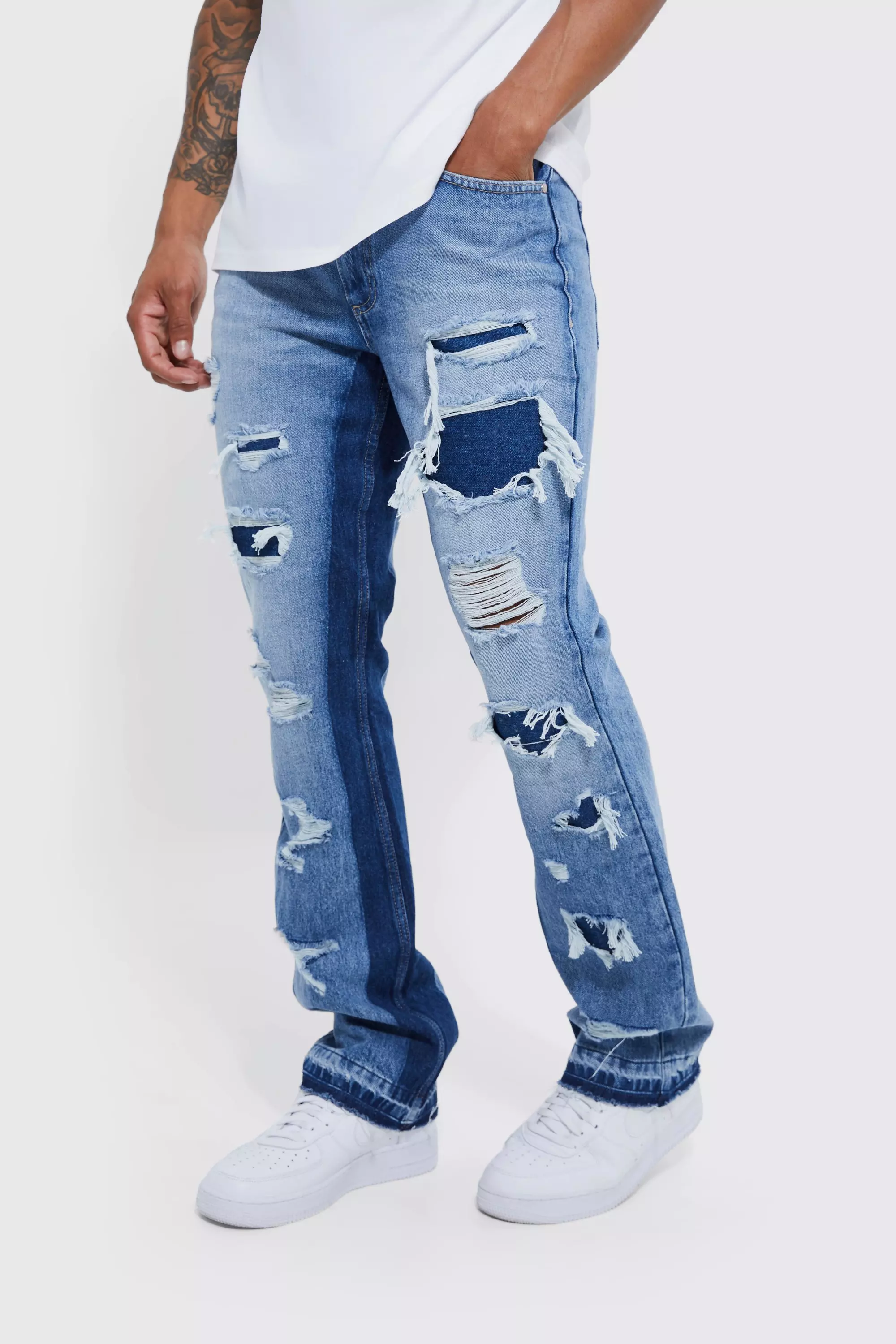 Slim Rigid Flare Panelled Ripped Jeans Mid blue