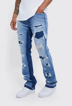 Slim Rigid Flare Panelled Ripped Jeans Mid blue