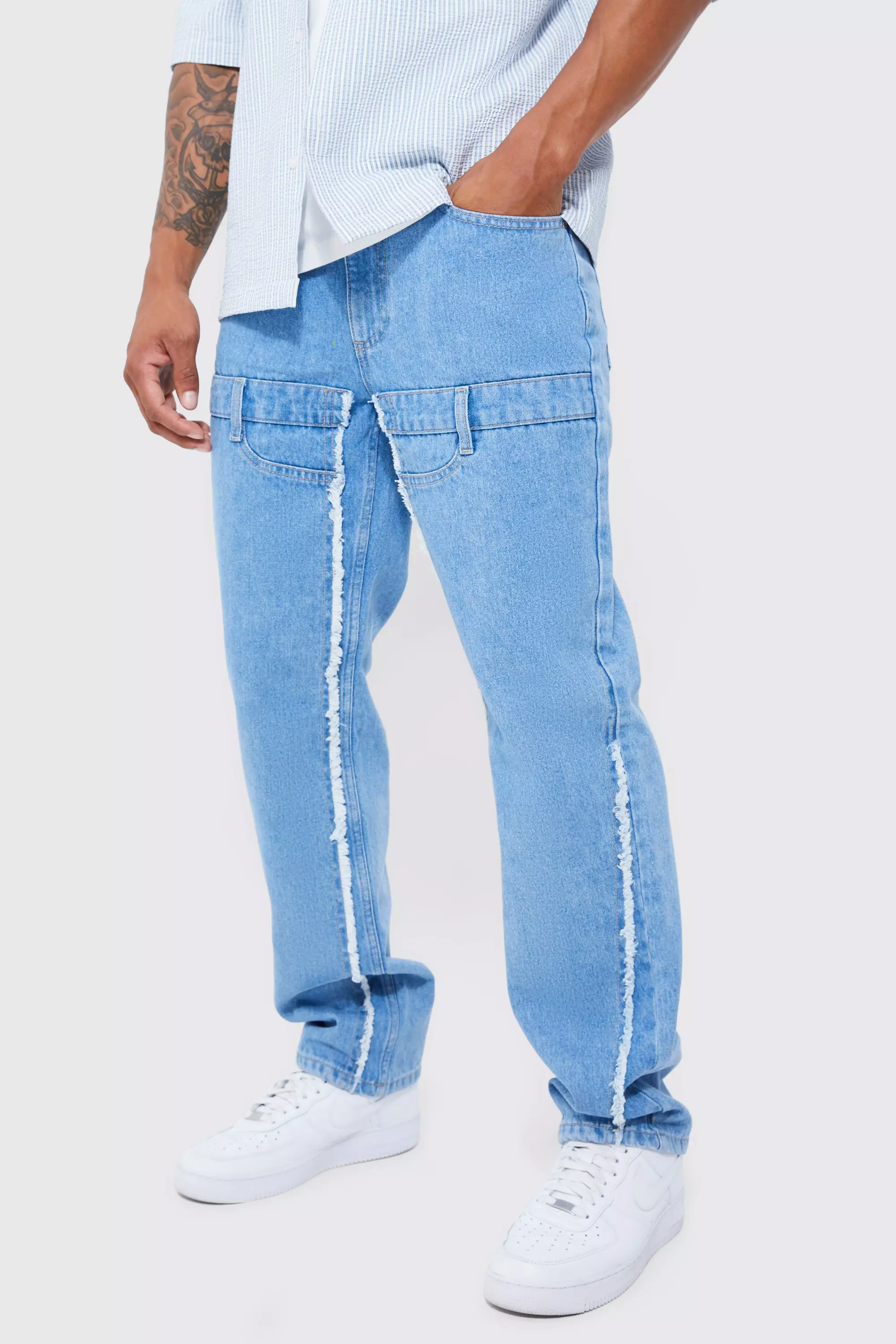 Relaxed Rigid Double Waistband Frayed Jeans Light blue