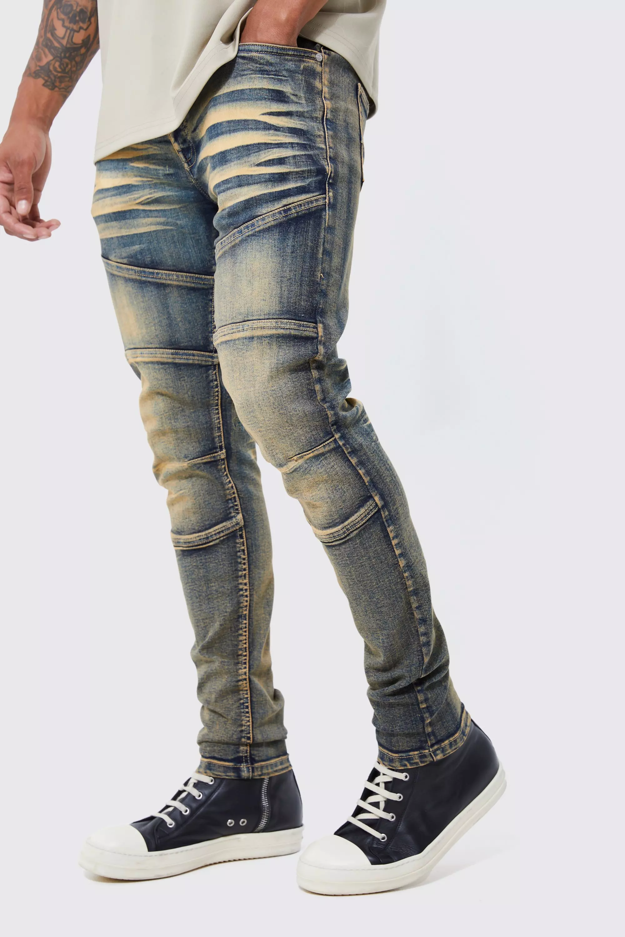 Blue Skinny Stretch Tinted Panelled Jeans