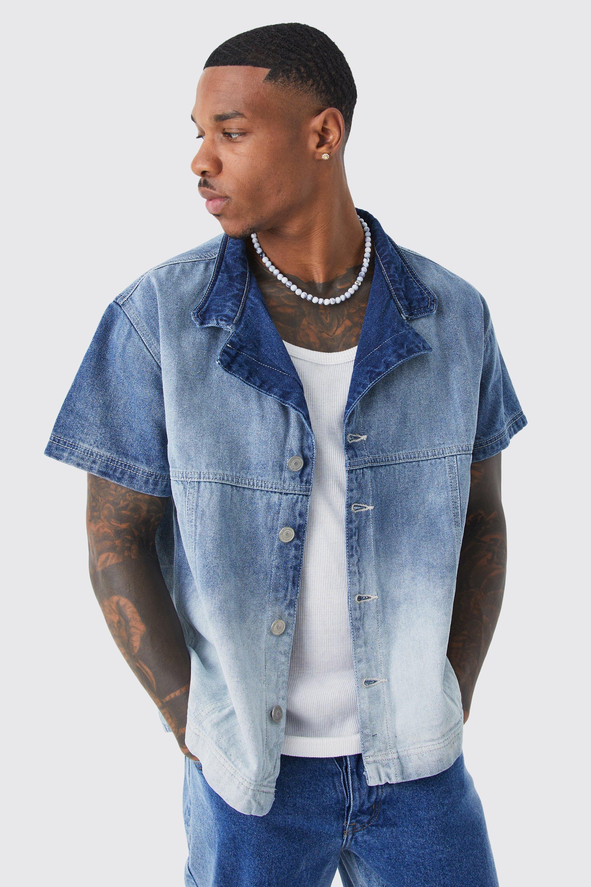 Antique wash Oversized Boxy Panelled Ombre Denim Shirt