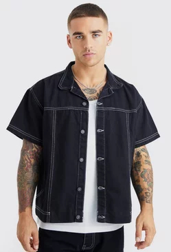 Oversized Boxy Contrast Stitch Denim Shirt True black