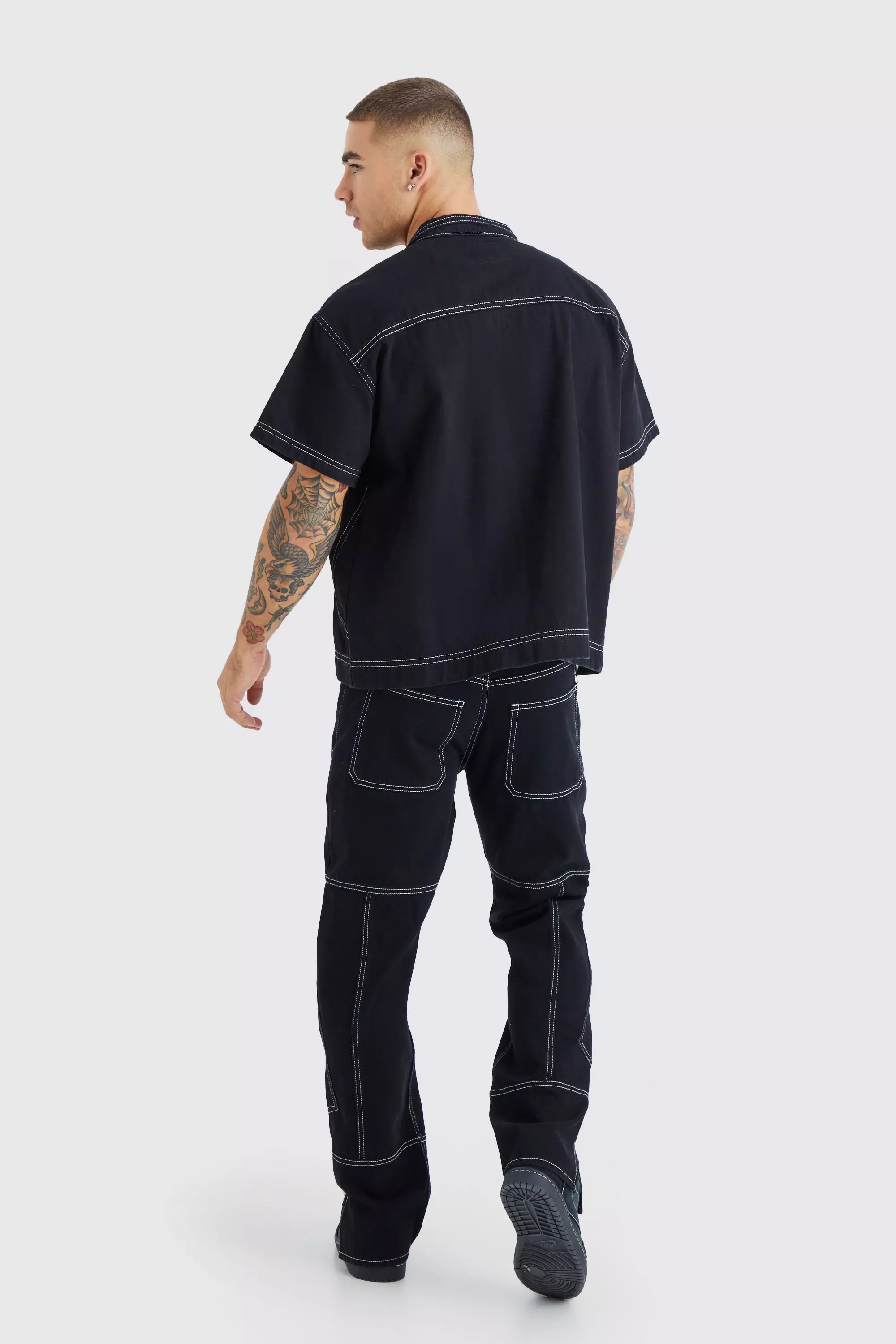 True black Oversized Boxy Contrast Stitch Denim Shirt alternative image