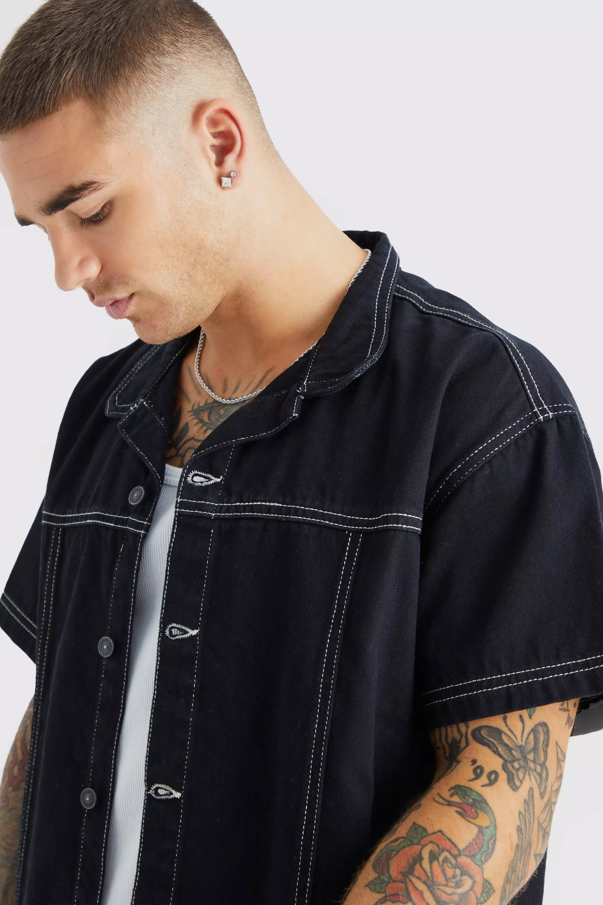 True black Oversized Boxy Contrast Stitch Denim Shirt alternative image