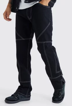 Black Straight Rigid Contrast Stitch Zip Hem Jeans