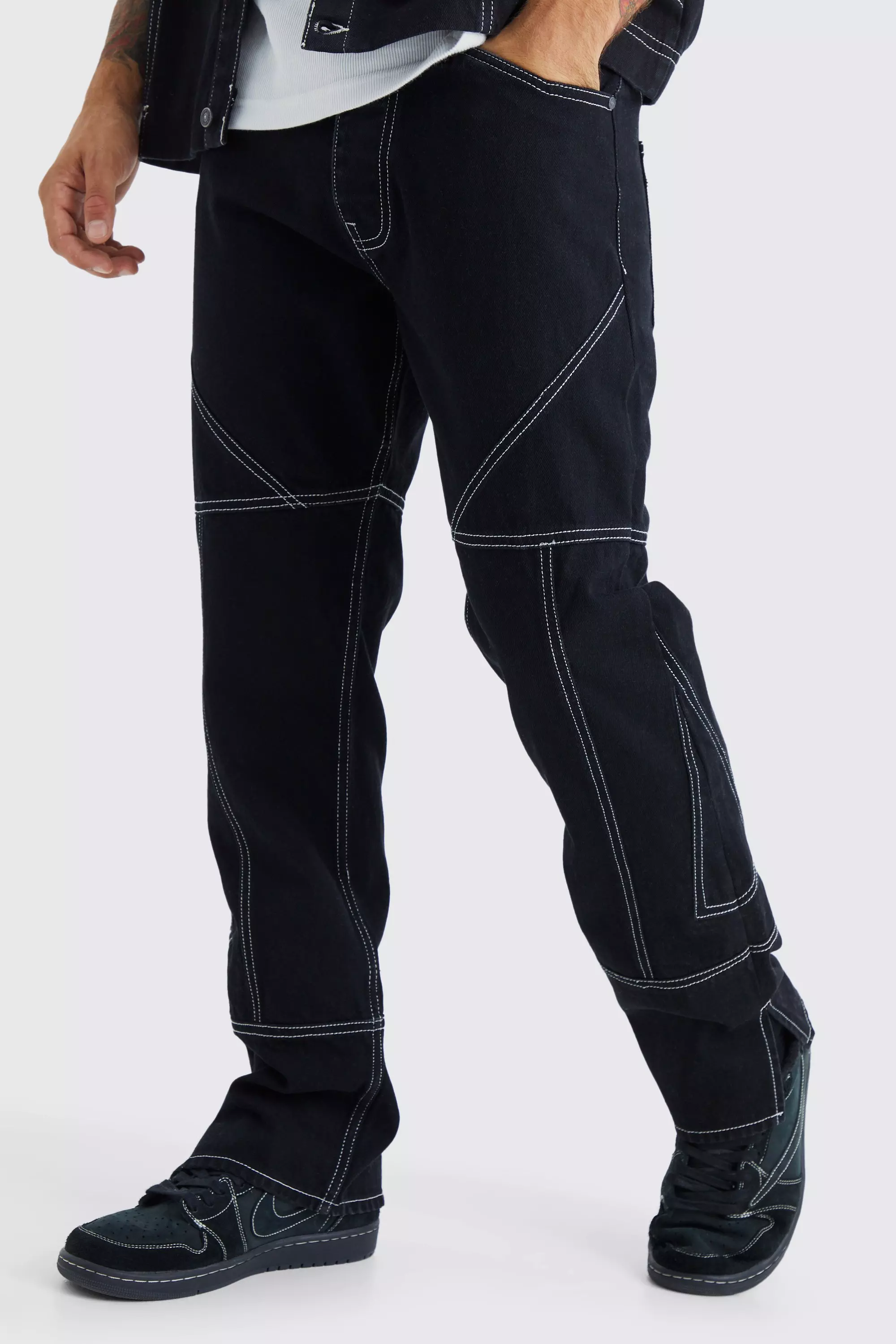 Straight Rigid Contrast Stitch Zip Hem Jeans True black