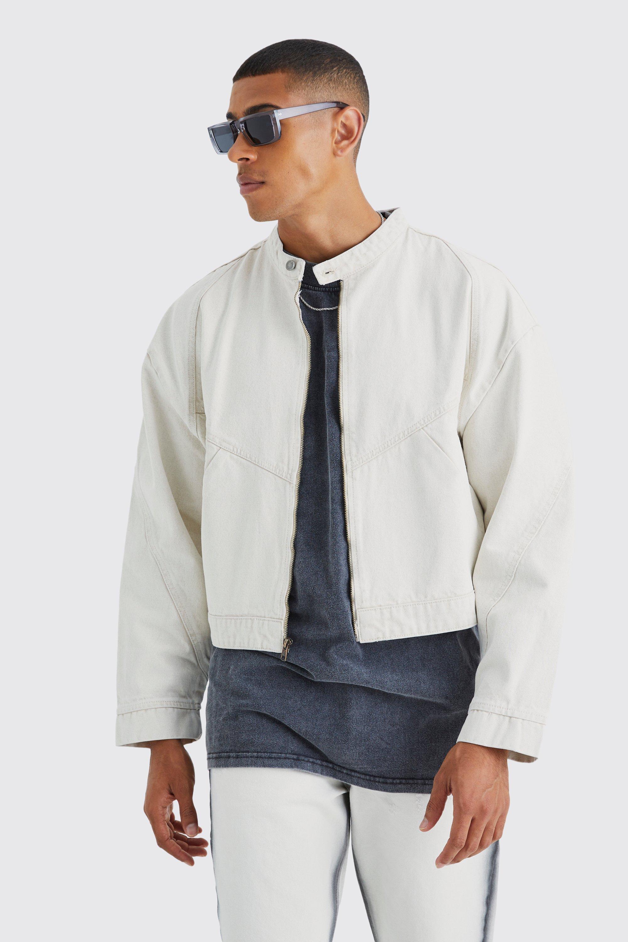 Stone Boxy Fit Panelled Denim Moto Jacket