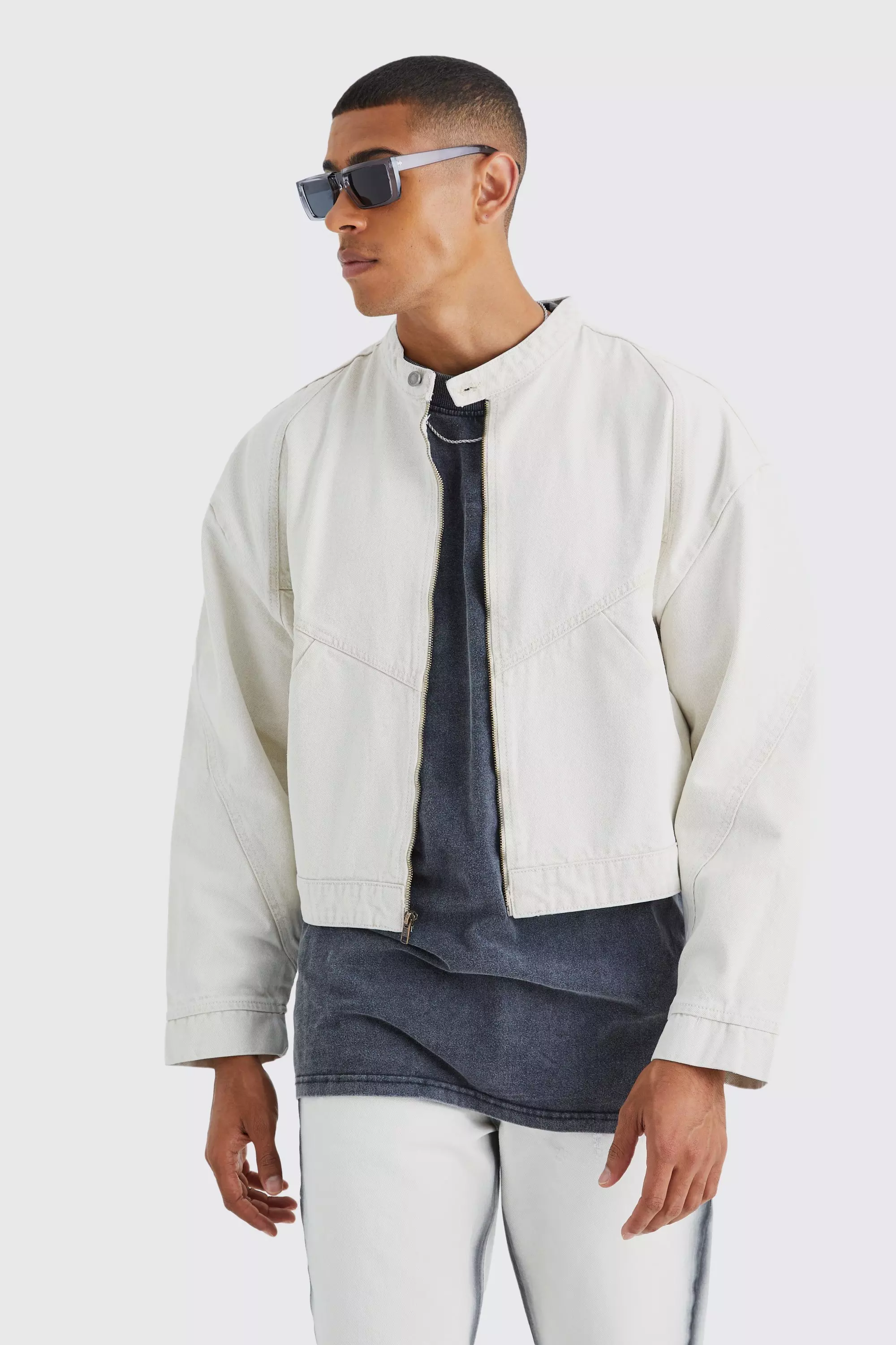 Boxy Fit Panelled Denim Moto Jacket Stone