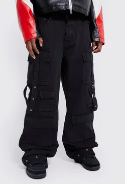 Black Baggy Rigid Multi Pocket Flare Jeans