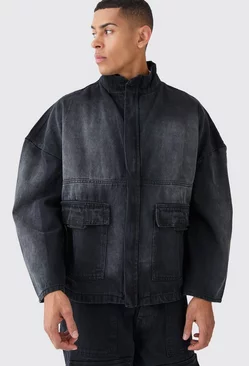 Oversized Boxy Distressed Denim Jacket Black