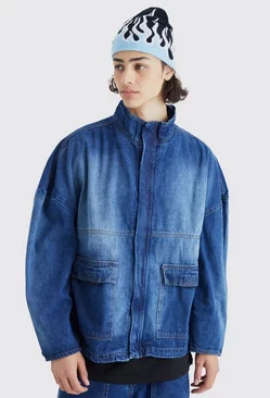 Oversized Boxy Distressed Denim Jacket Mid blue