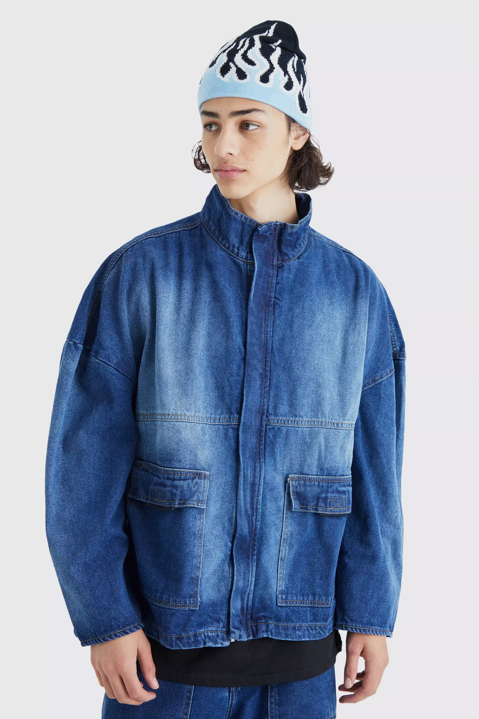 Oversized Boxy Distressed Denim Jacket Mid blue