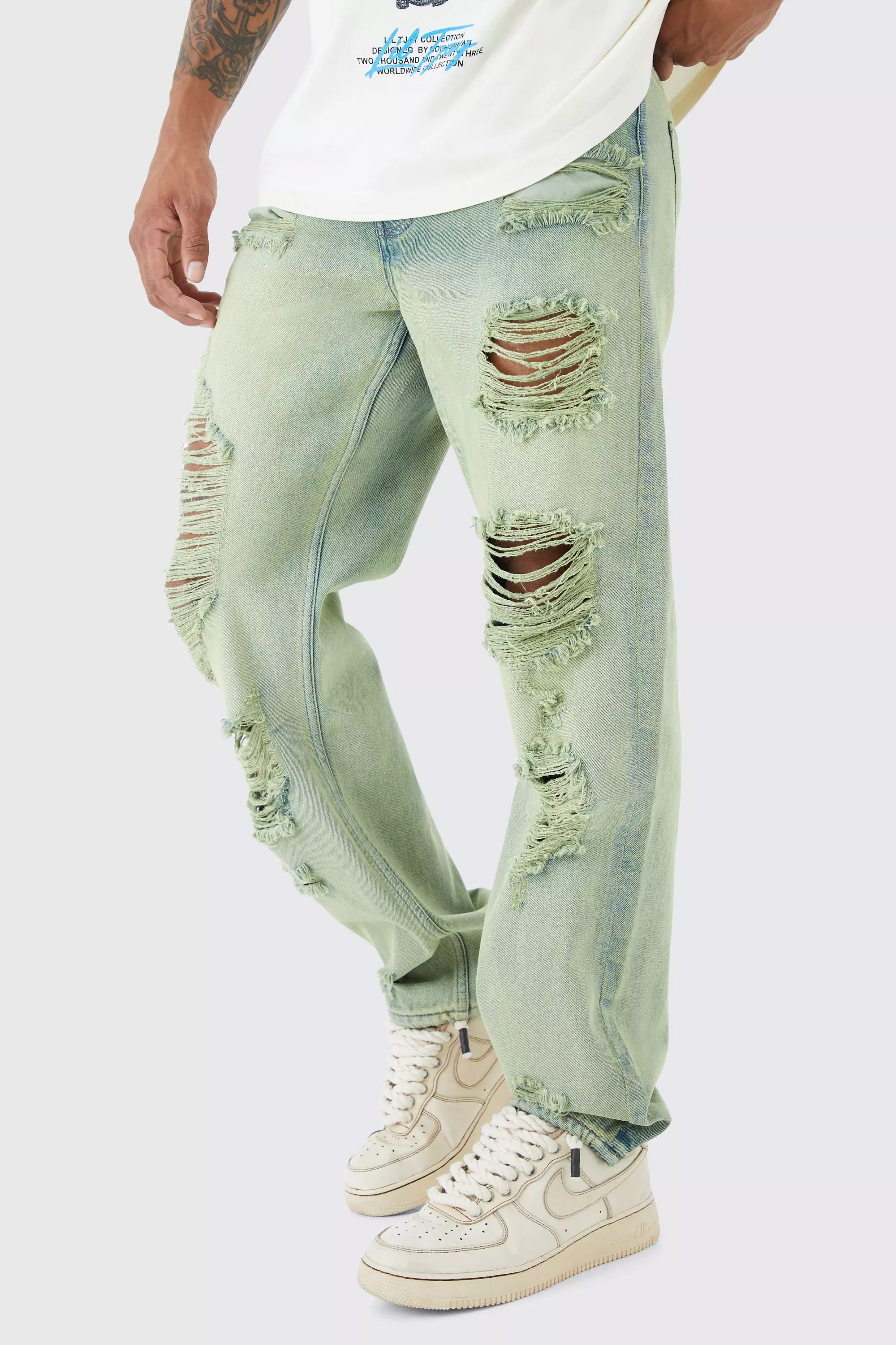 Green Relaxed Rigid Tinted Ripped Jeans