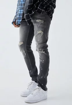 Grey Skinny Stretch Bleached Ripped Knee Jeans