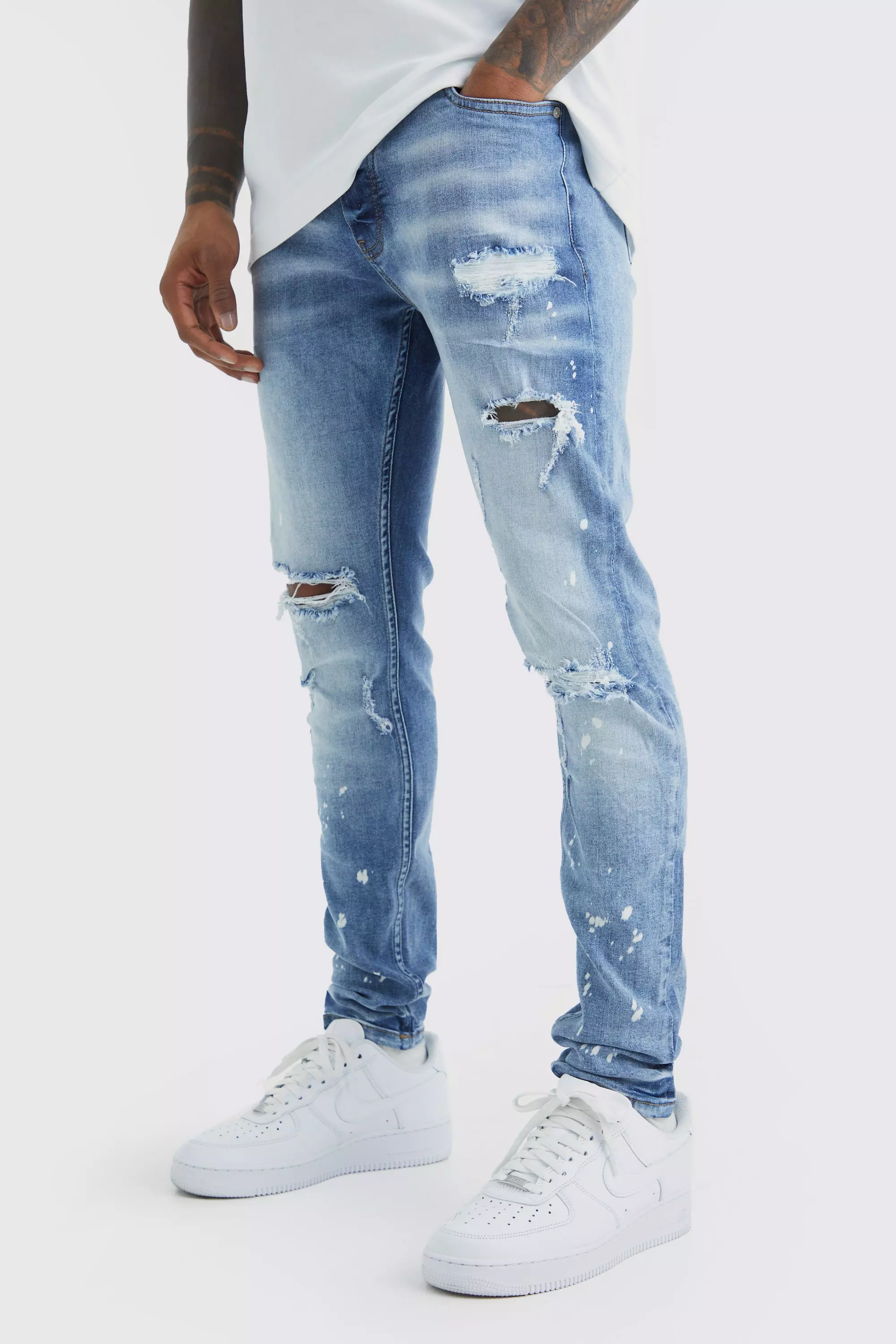 Skinny Stretch Bleached Ripped Knee Jeans | boohooMAN UK