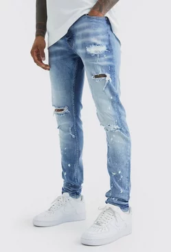 Blue Skinny Stretch Bleached Ripped Knee Jeans