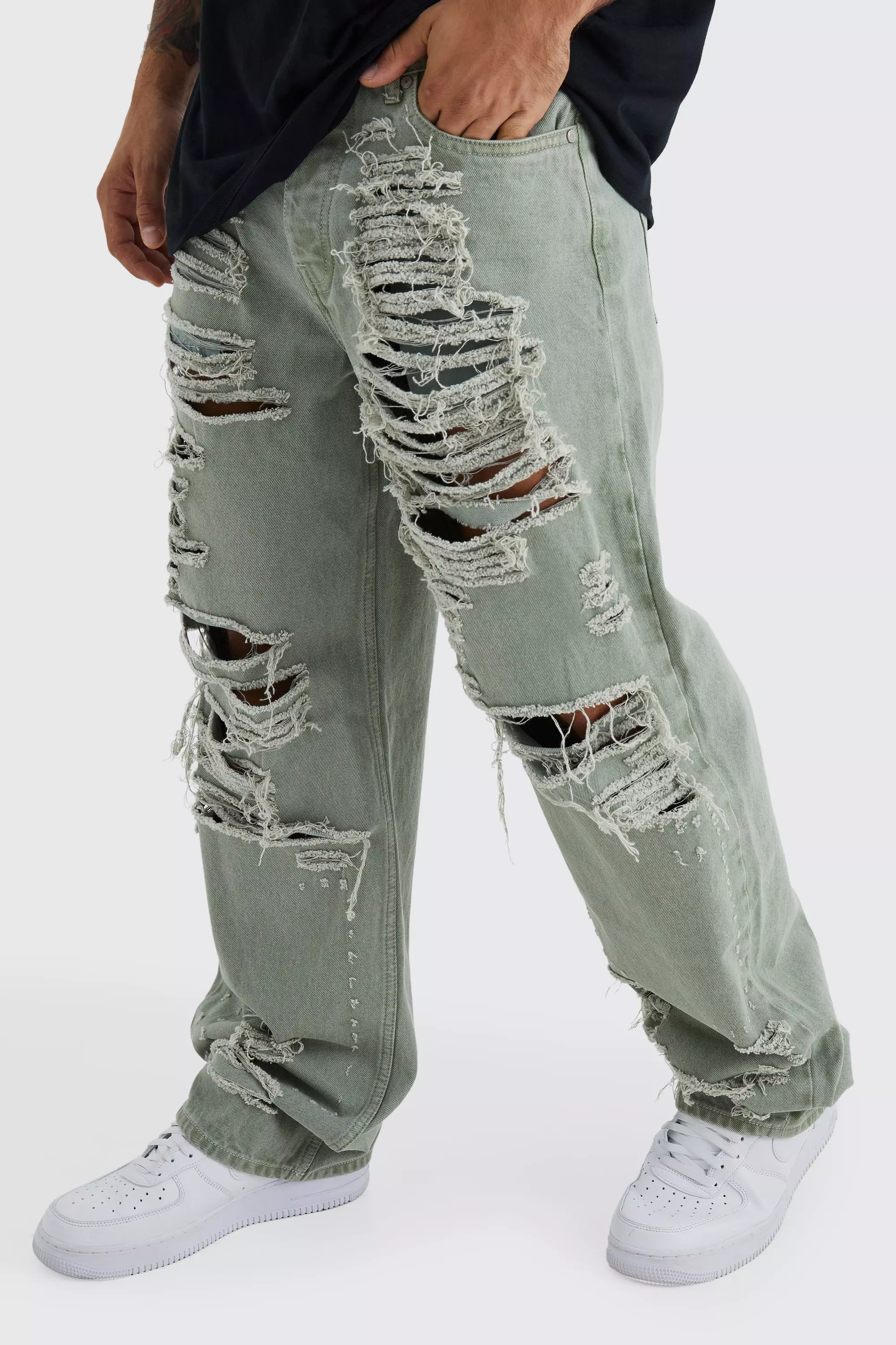 Baggy Rigid All Over Ripped Jeans Green