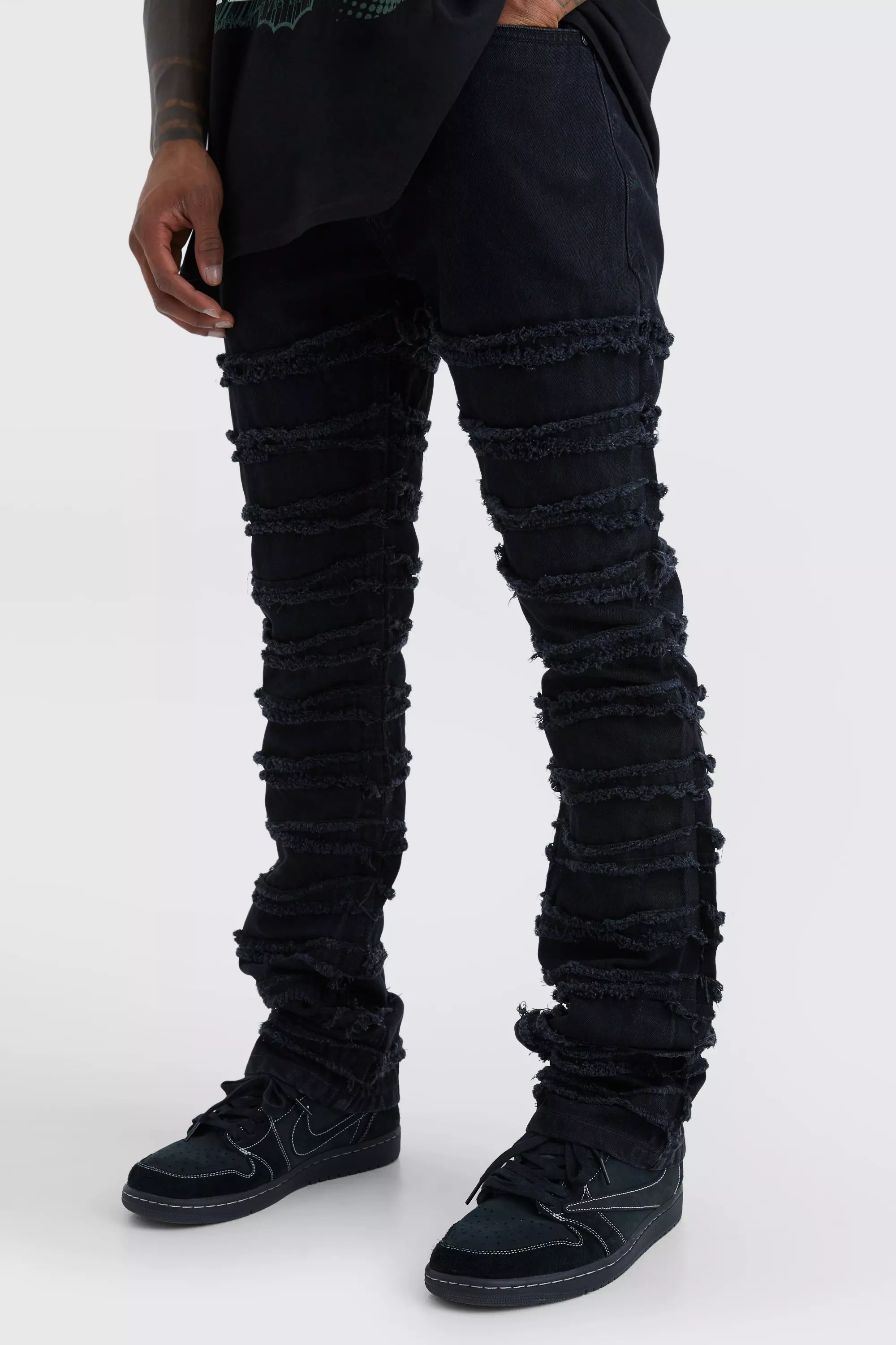 Slim Rigid Flare Frayed Panelled Jeans Washed black