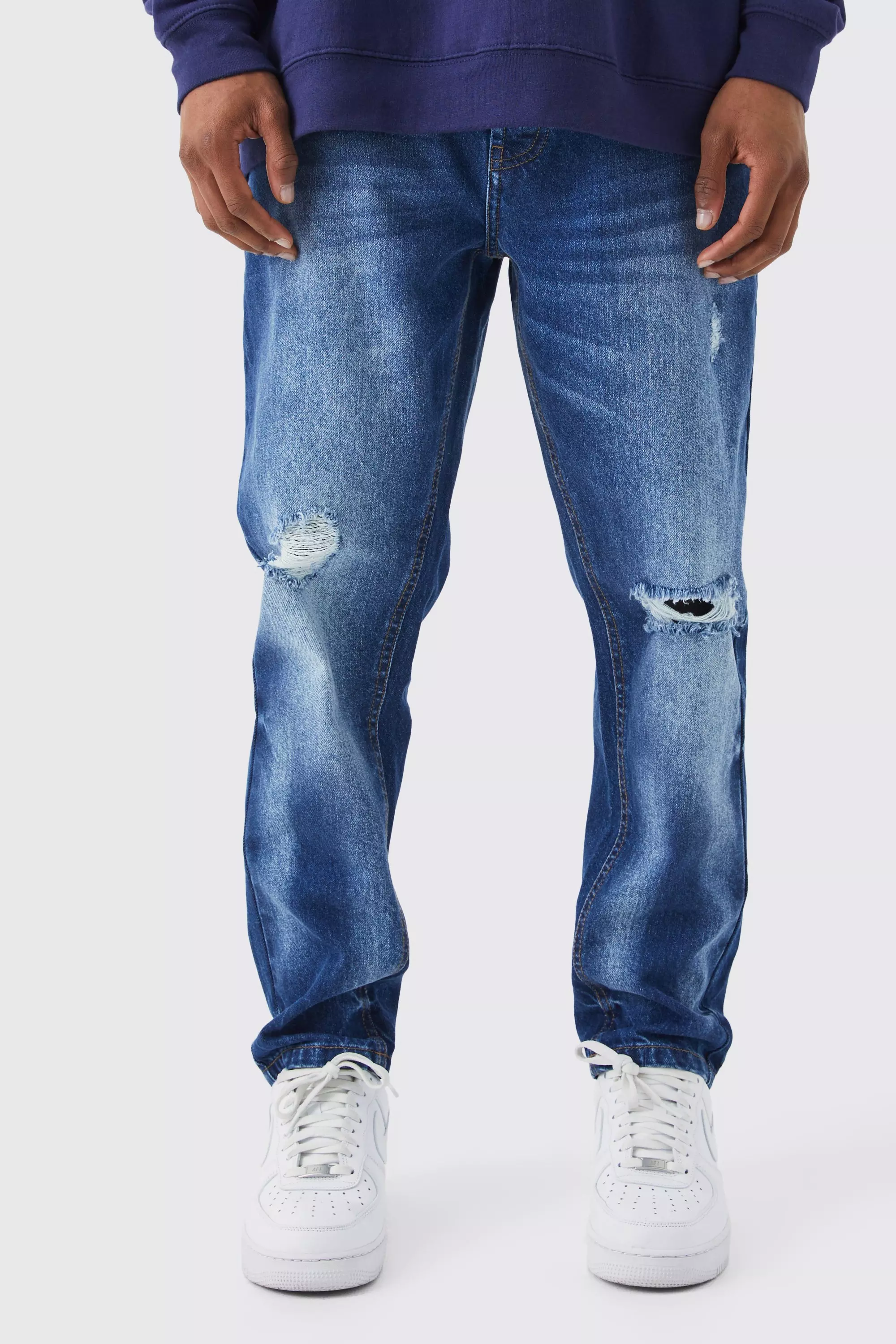 Blue Tapered Rigid Ripped Knee Jeans