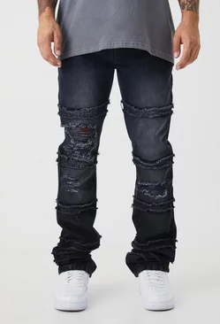 Slim Rigid Flare Frayed Panelled Ripped Jeans True black