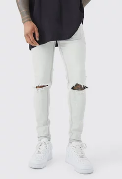 Grey Super Skinny Stretch Multi Rip Stacked Jeans