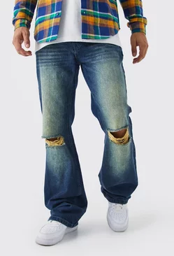 Relaxed Rigid Flare Bleached Ripped Knee Jeans Mid blue