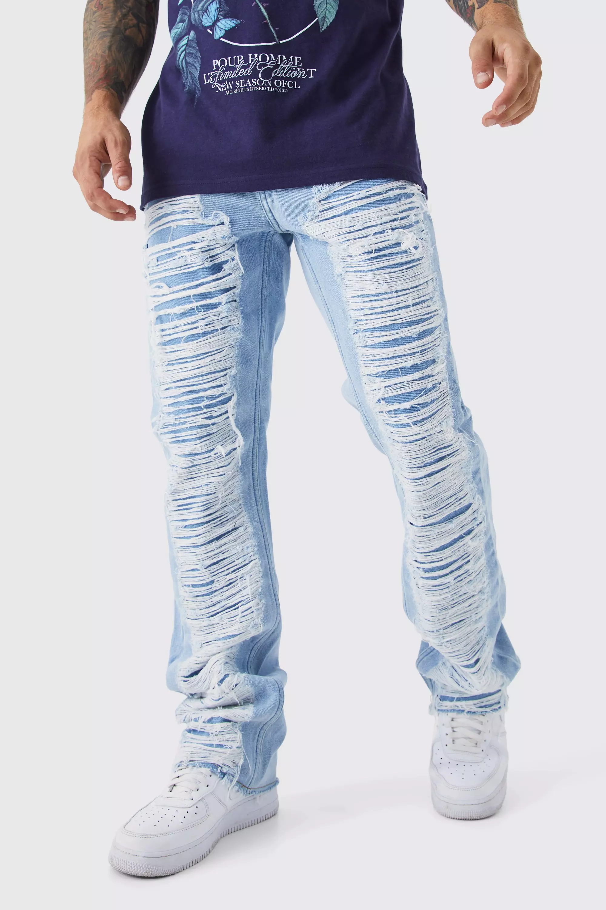 Slim Rigid Flare Extreme Ripped Jeans Ice blue