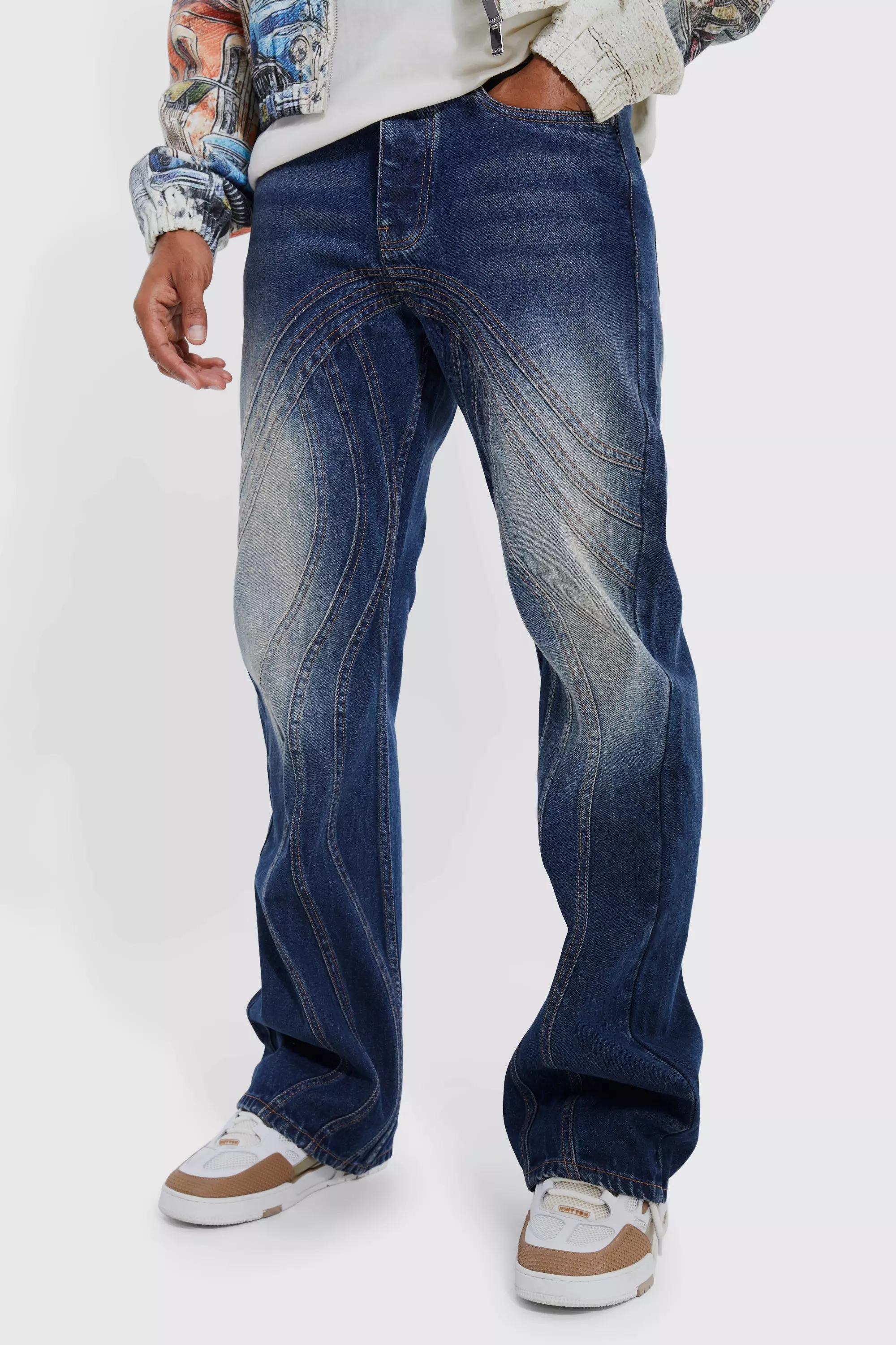 Relaxed Rigid Flare Tinted Panelled Jeans Antique wash