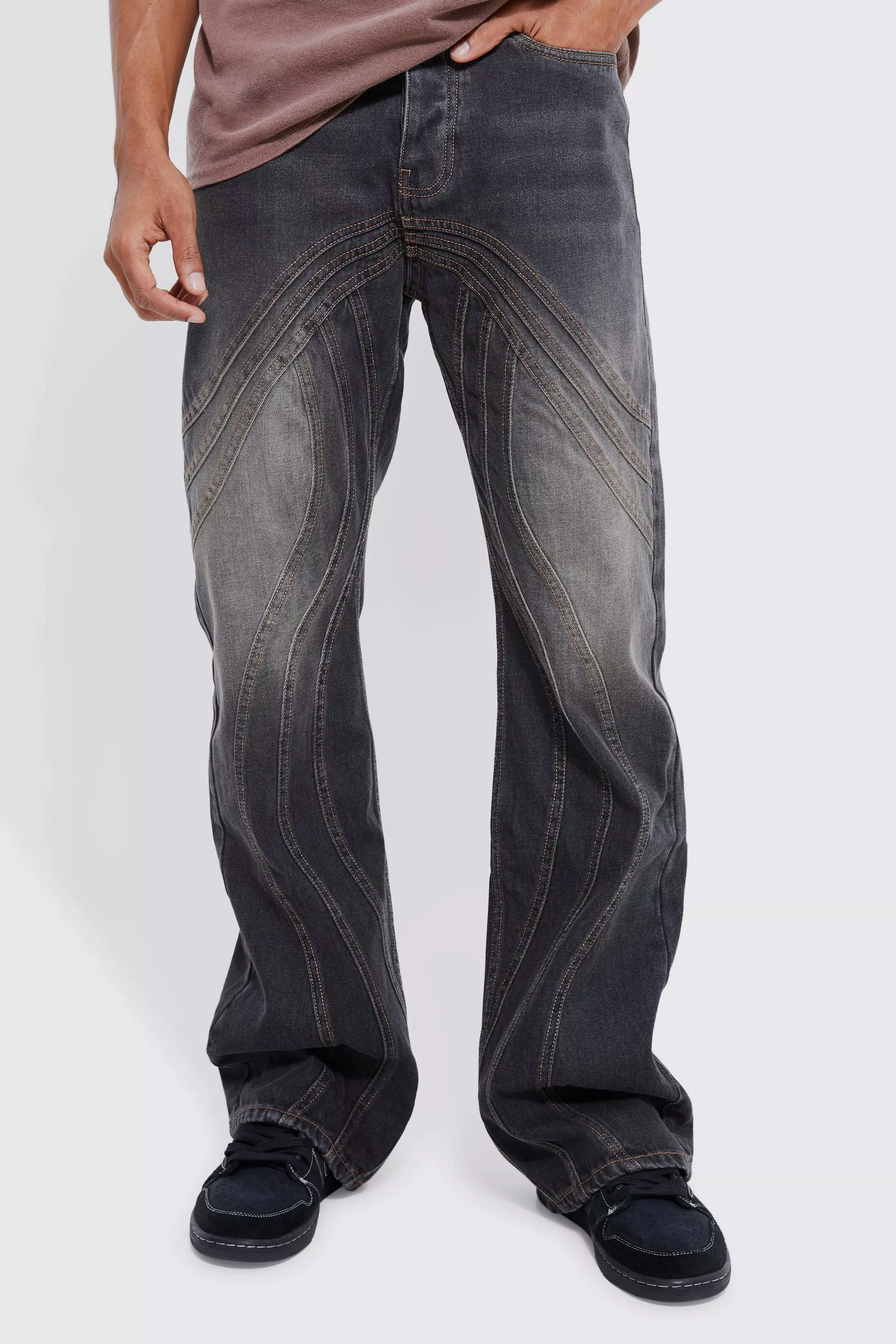 Relaxed Rigid Flare Tinted Panelled Jeans Grey