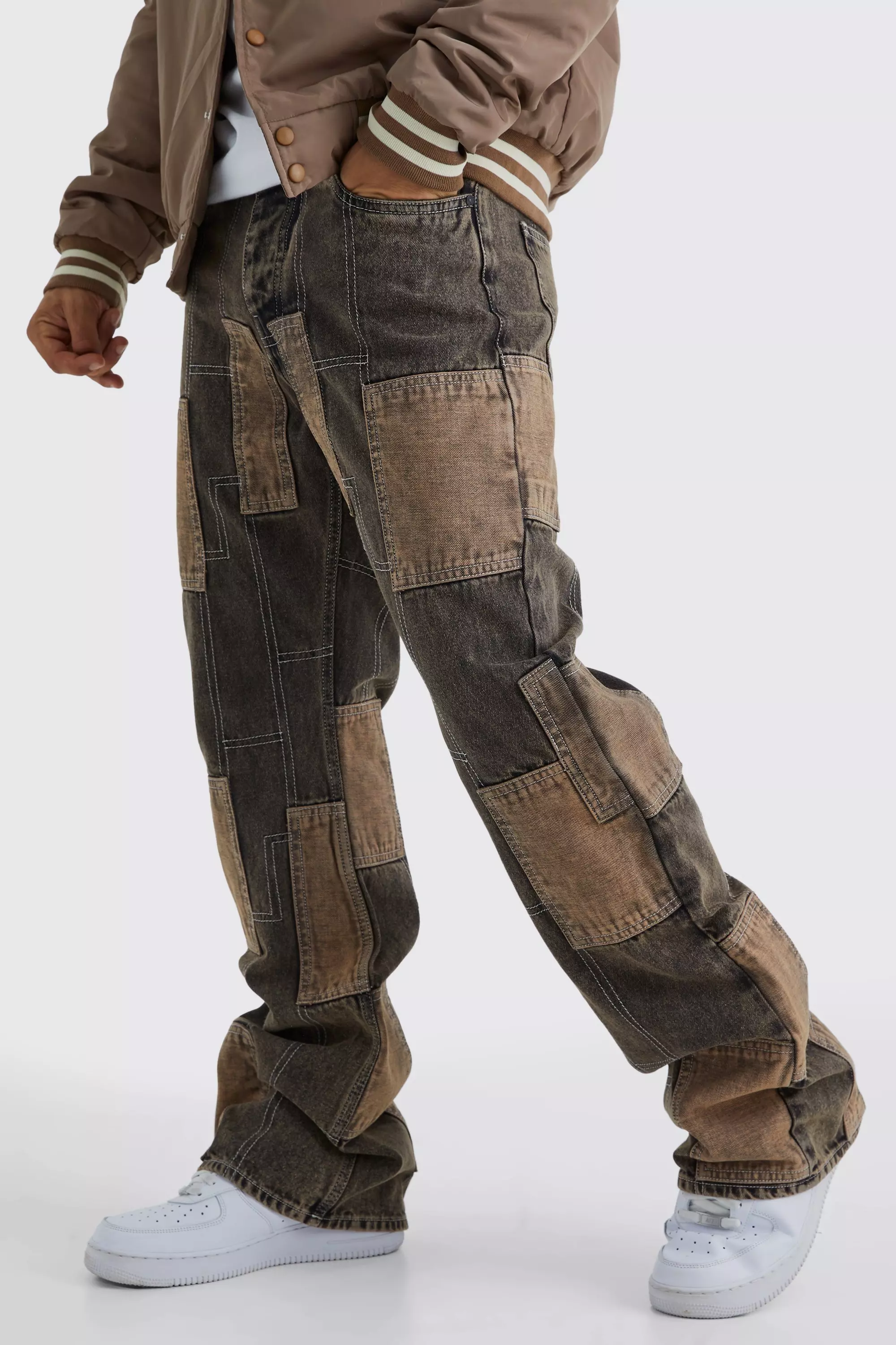 Relaxed Rigid Flare Patchwork Jeans boohooMAN USA